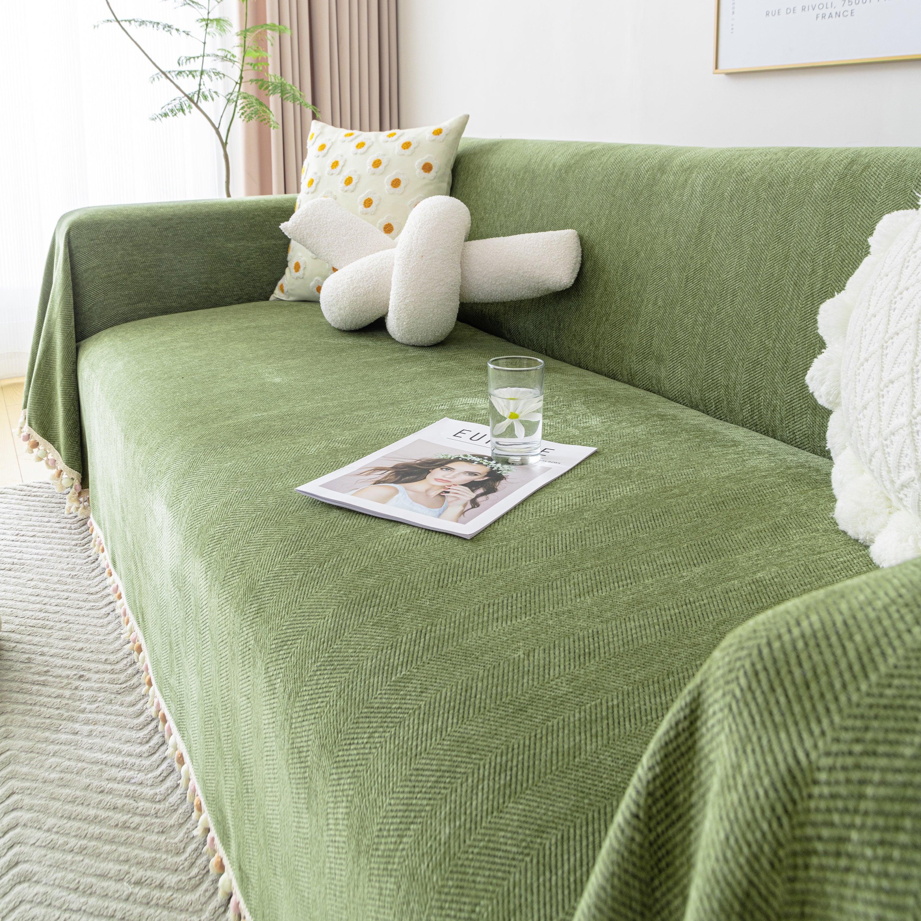 Couch Cover Sectional L Shape Chenille Herringbone Couch Throw Cover with Tassel Pom-Poms for Pets - Image 30