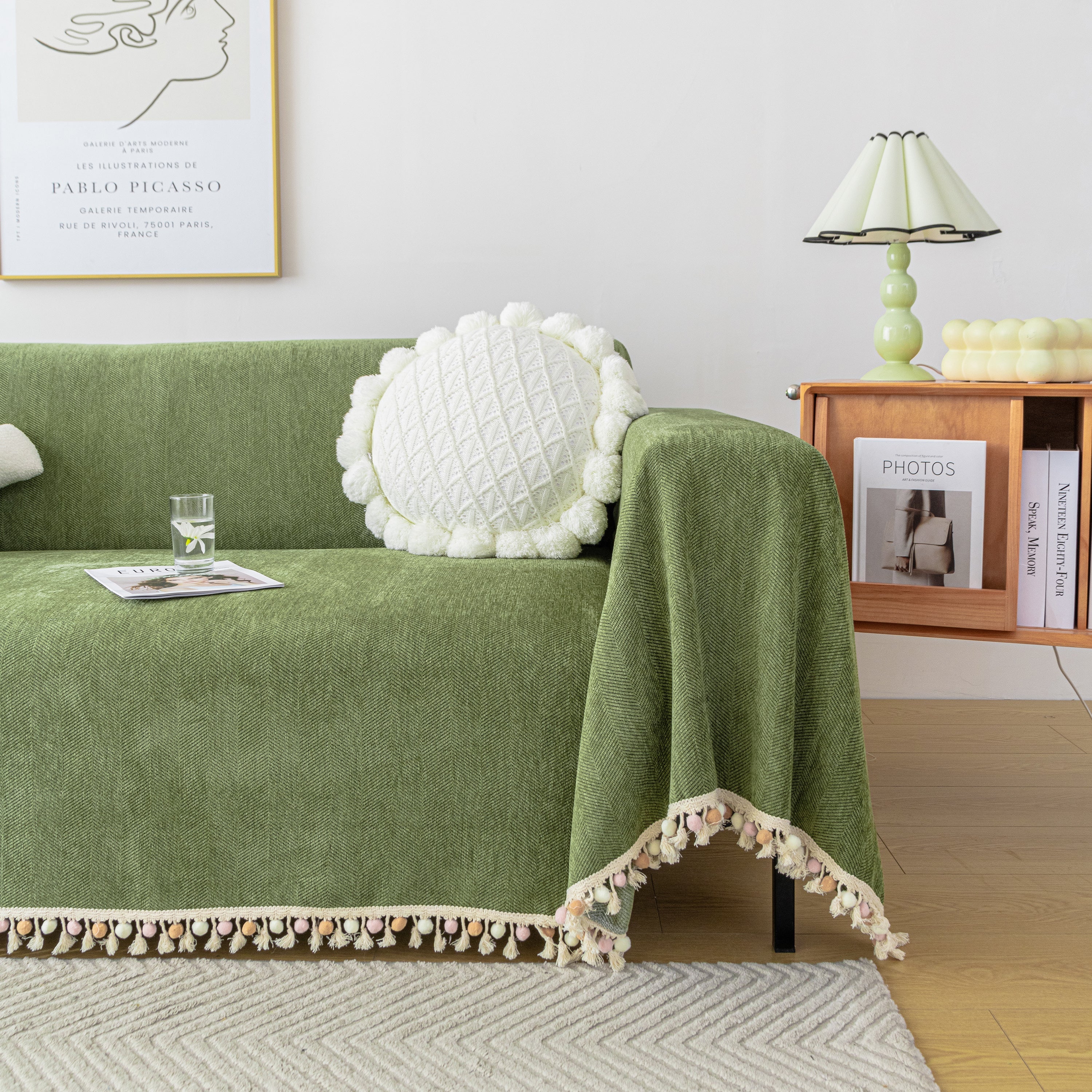 Couch Cover Sectional L Shape Chenille Herringbone Couch Throw Cover with Tassel Pom-Poms for Pets - Image 31