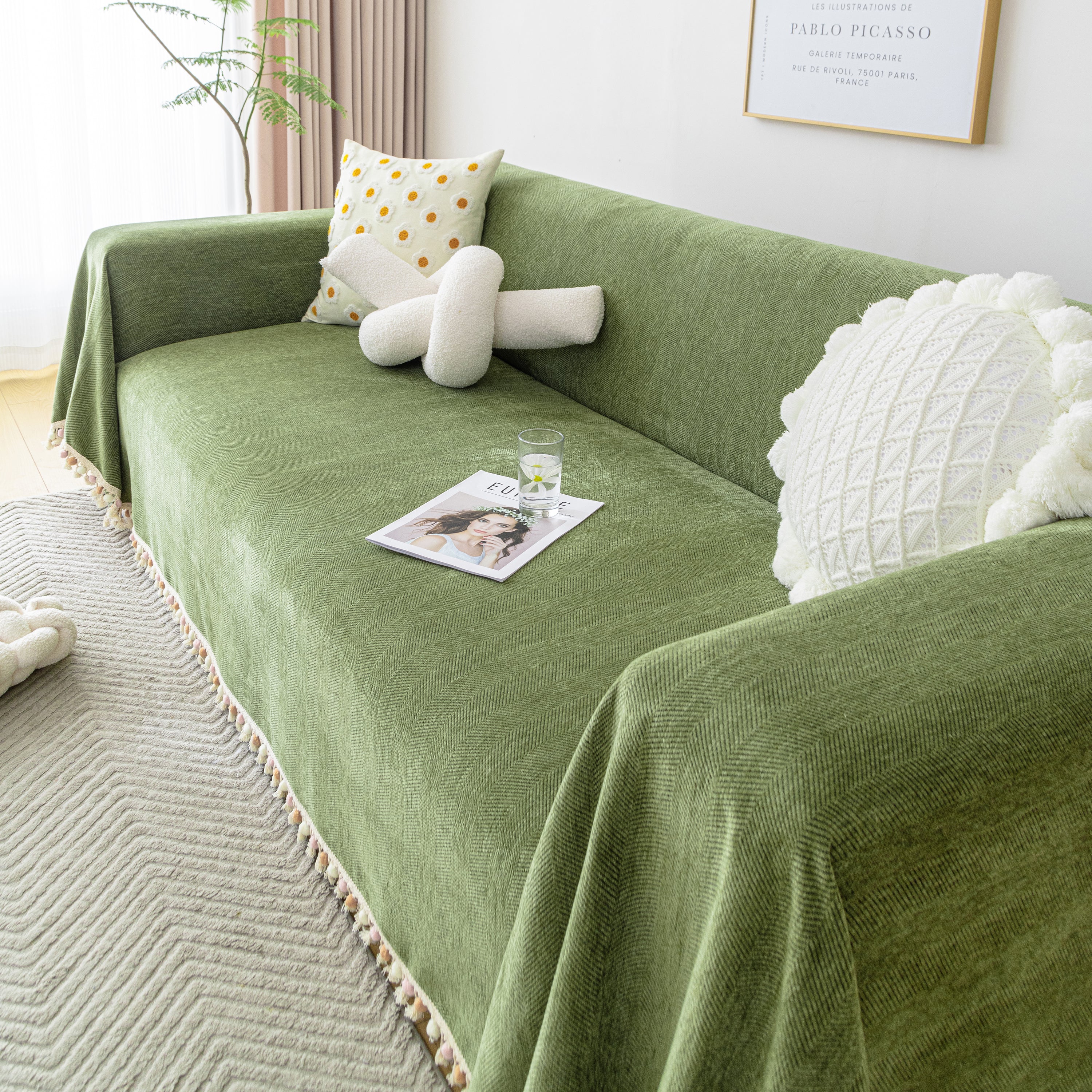 Couch Cover Sectional L Shape Chenille Herringbone Couch Throw Cover with Tassel Pom-Poms for Pets - Image 33