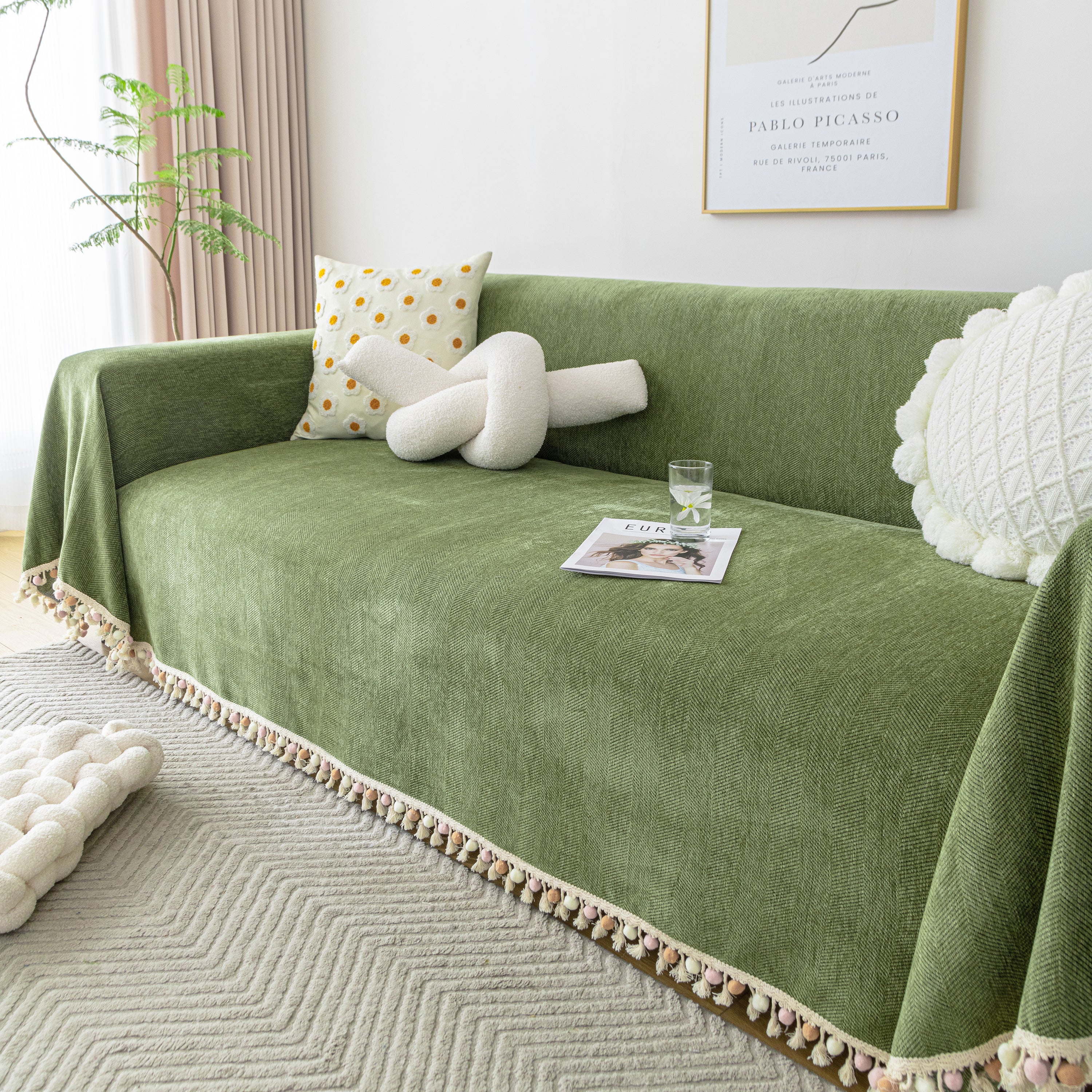 Couch Cover Sectional L Shape Chenille Herringbone Couch Throw Cover with Tassel Pom-Poms for Pets - Image 34