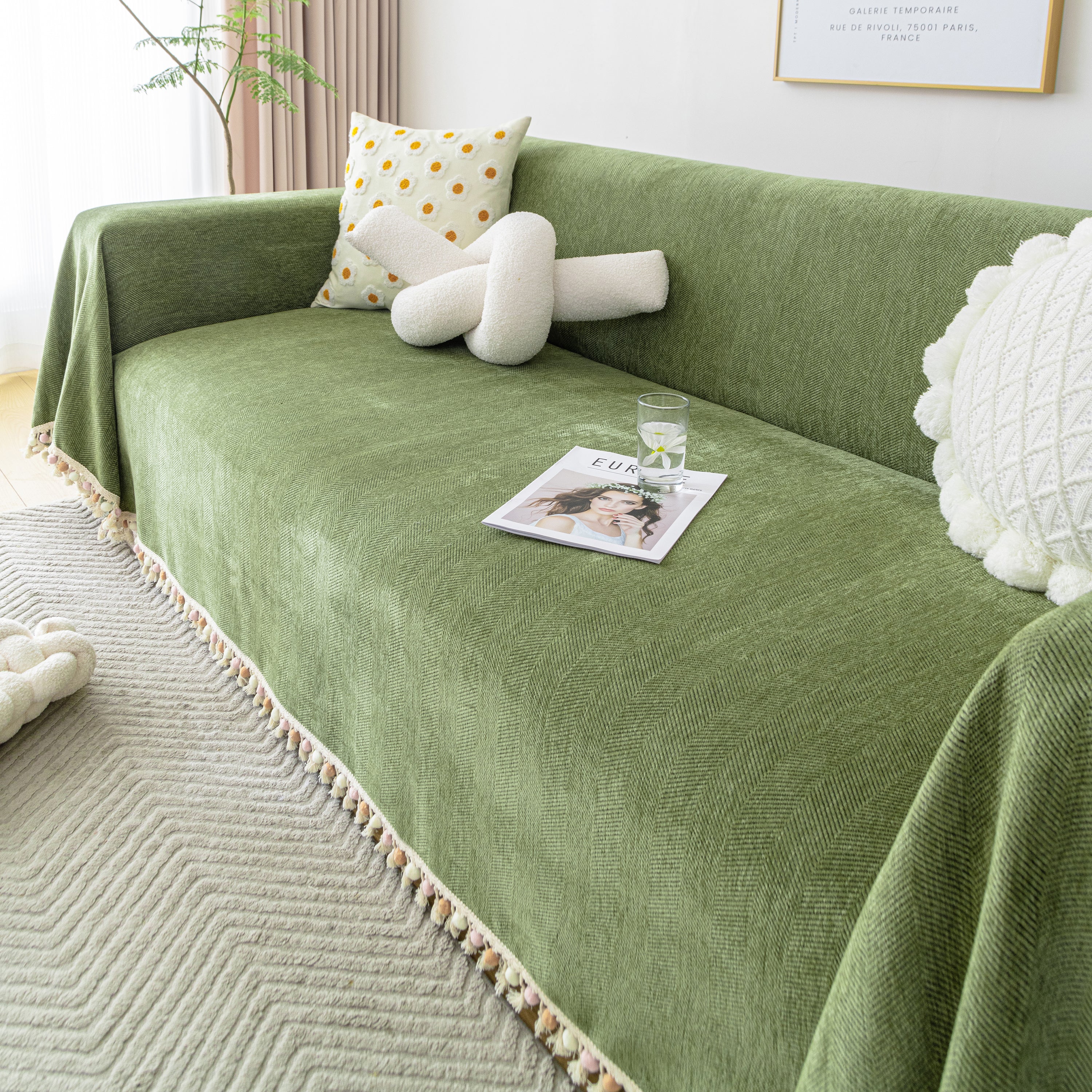 Couch Cover Sectional L Shape Chenille Herringbone Couch Throw Cover with Tassel Pom-Poms for Pets - Image 35