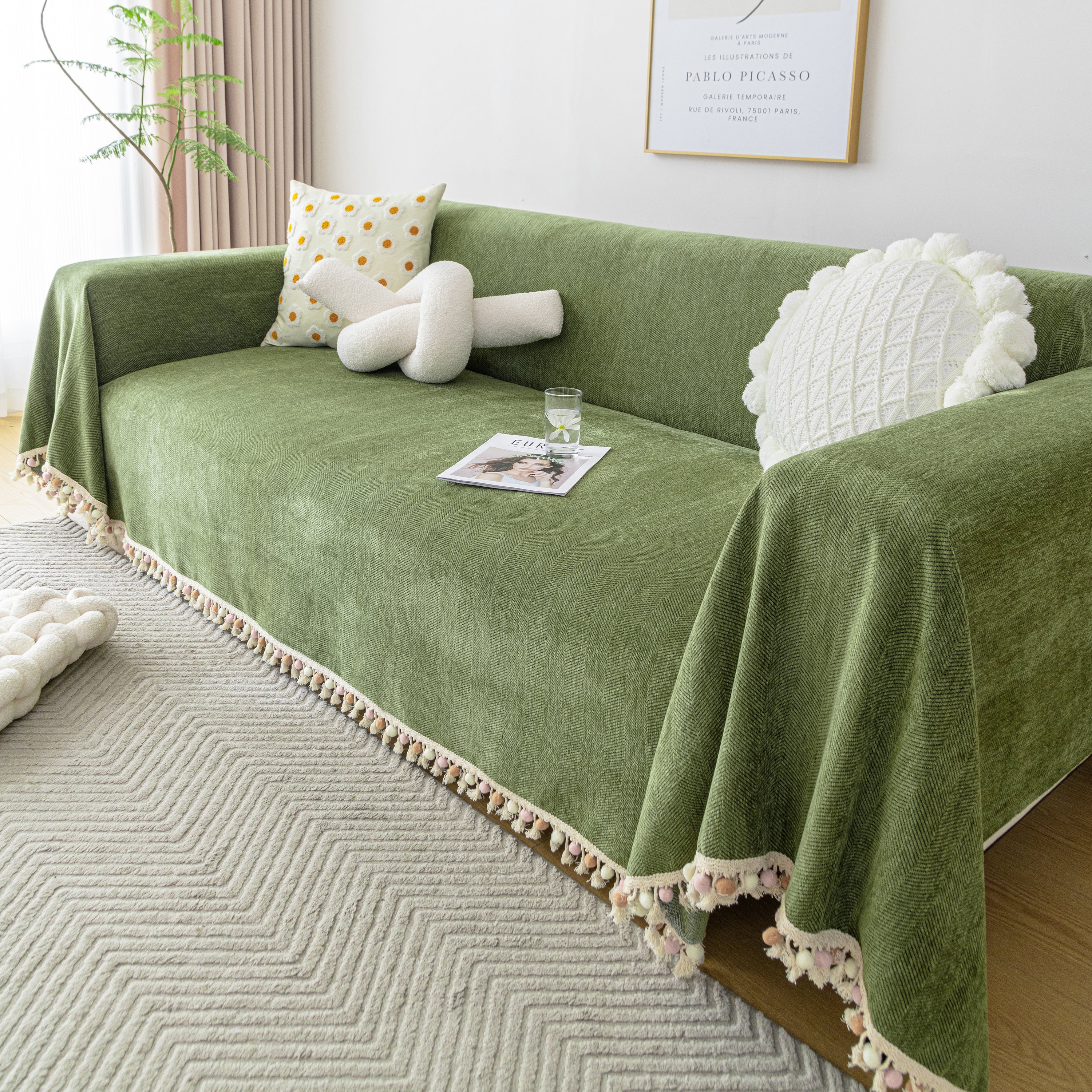 Couch Cover Sectional L Shape Chenille Herringbone Couch Throw Cover with Tassel Pom-Poms for Pets - Image 36