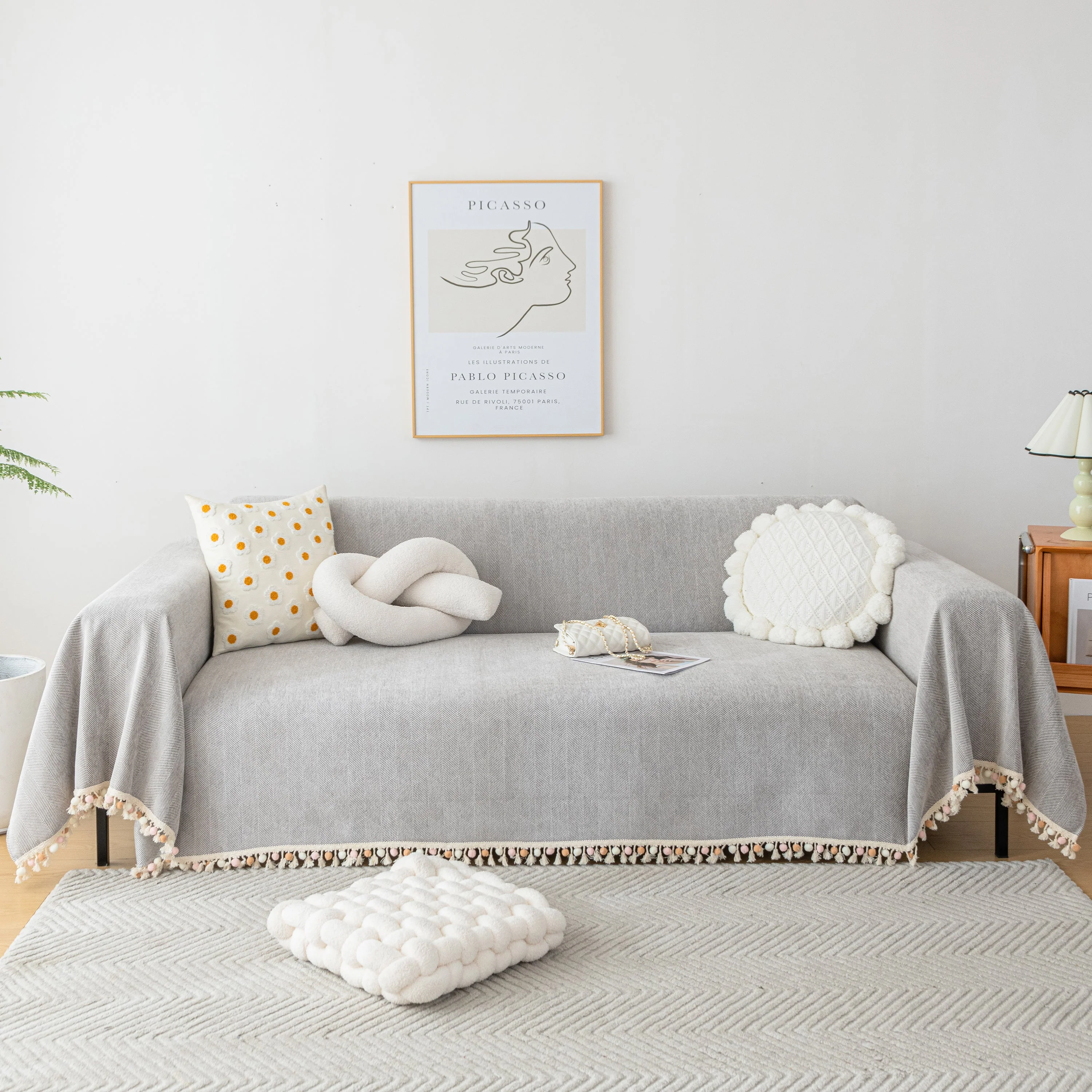Couch Cover Sectional L Shape Chenille Herringbone Couch Throw Cover with Tassel Pom-Poms for Pets - Image 37