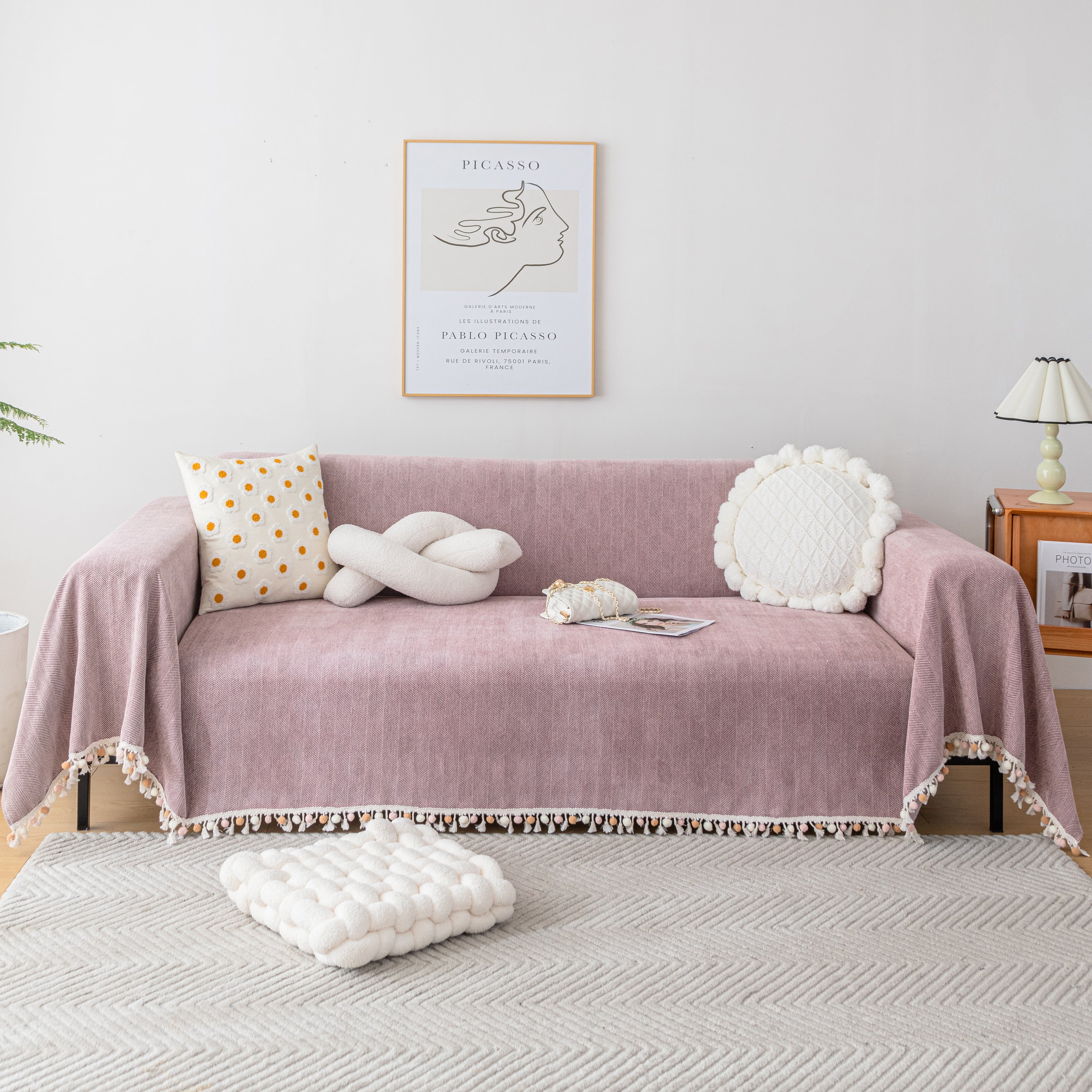 Couch Cover Sectional L Shape Chenille Herringbone Couch Throw Cover with Tassel Pom-Poms for Pets - Image 38