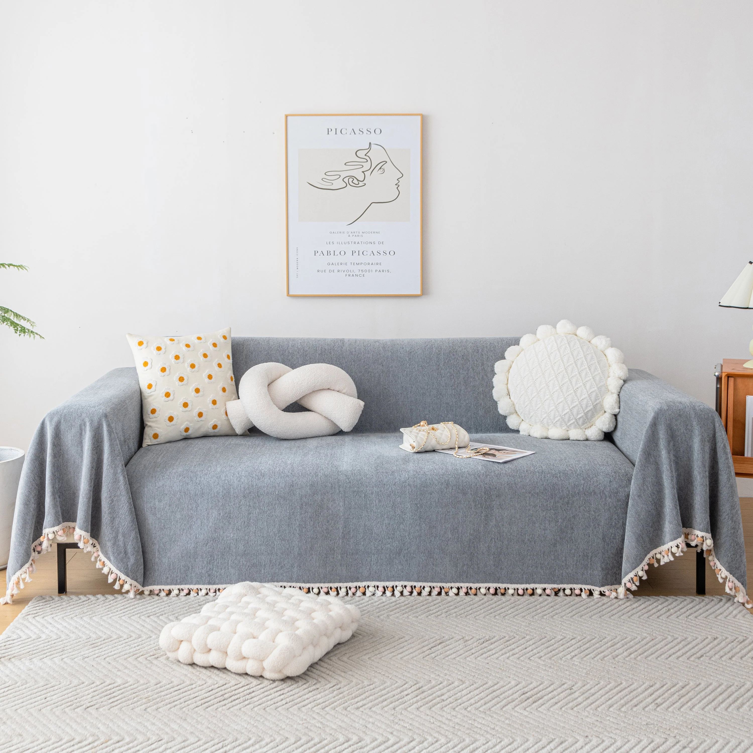 Couch Cover Sectional L Shape Chenille Herringbone Couch Throw Cover with Tassel Pom-Poms for Pets - Image 39