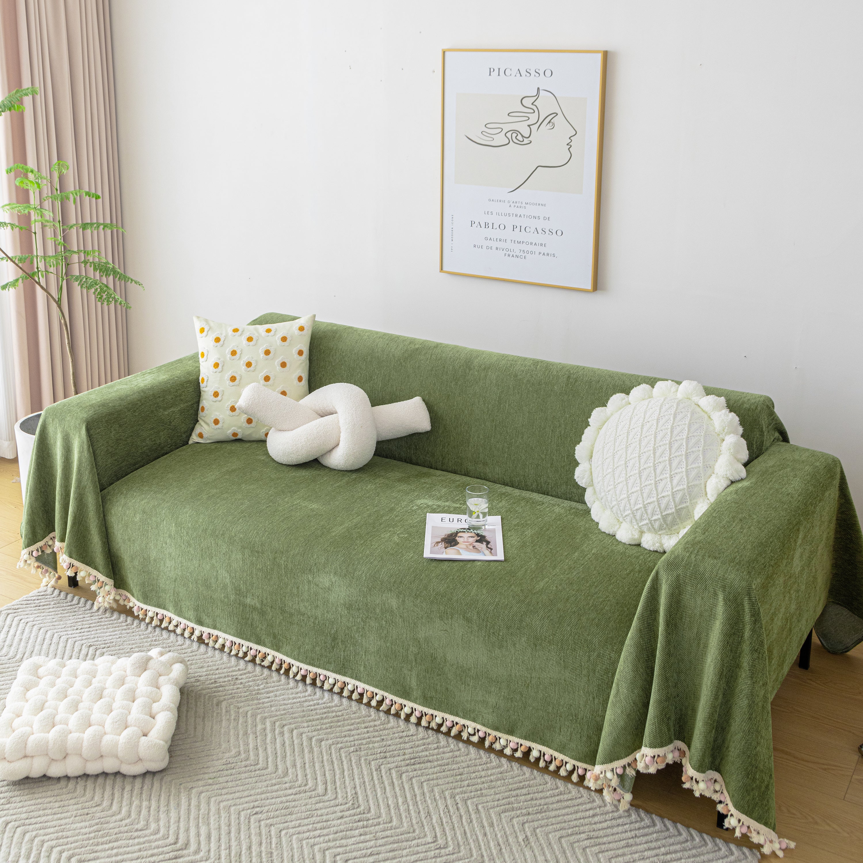 Couch Cover Sectional L Shape Chenille Herringbone Couch Throw Cover with Tassel Pom-Poms for Pets - Image 4