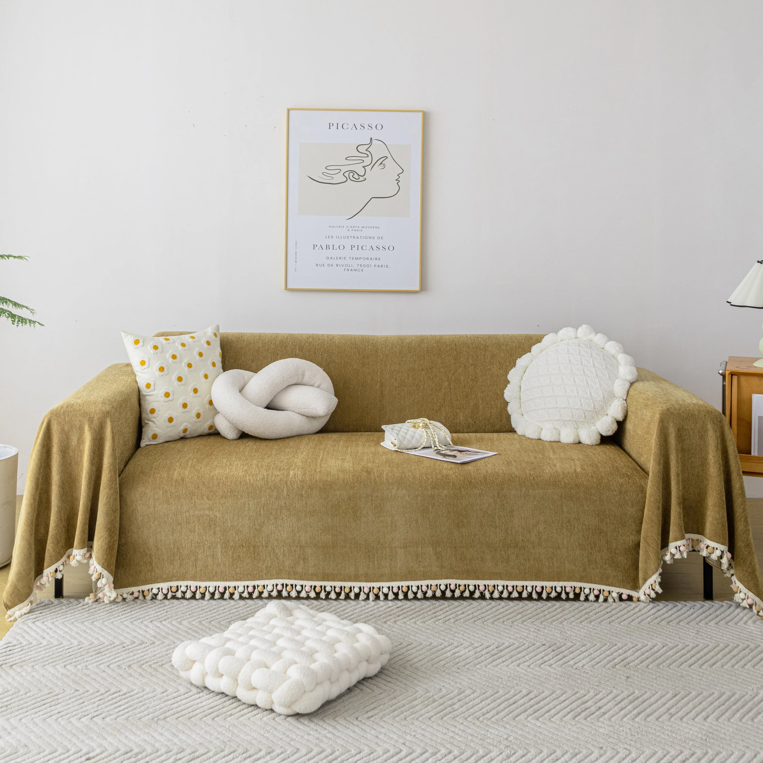 Couch Cover Sectional L Shape Chenille Herringbone Couch Throw Cover with Tassel Pom-Poms for Pets - Image 40