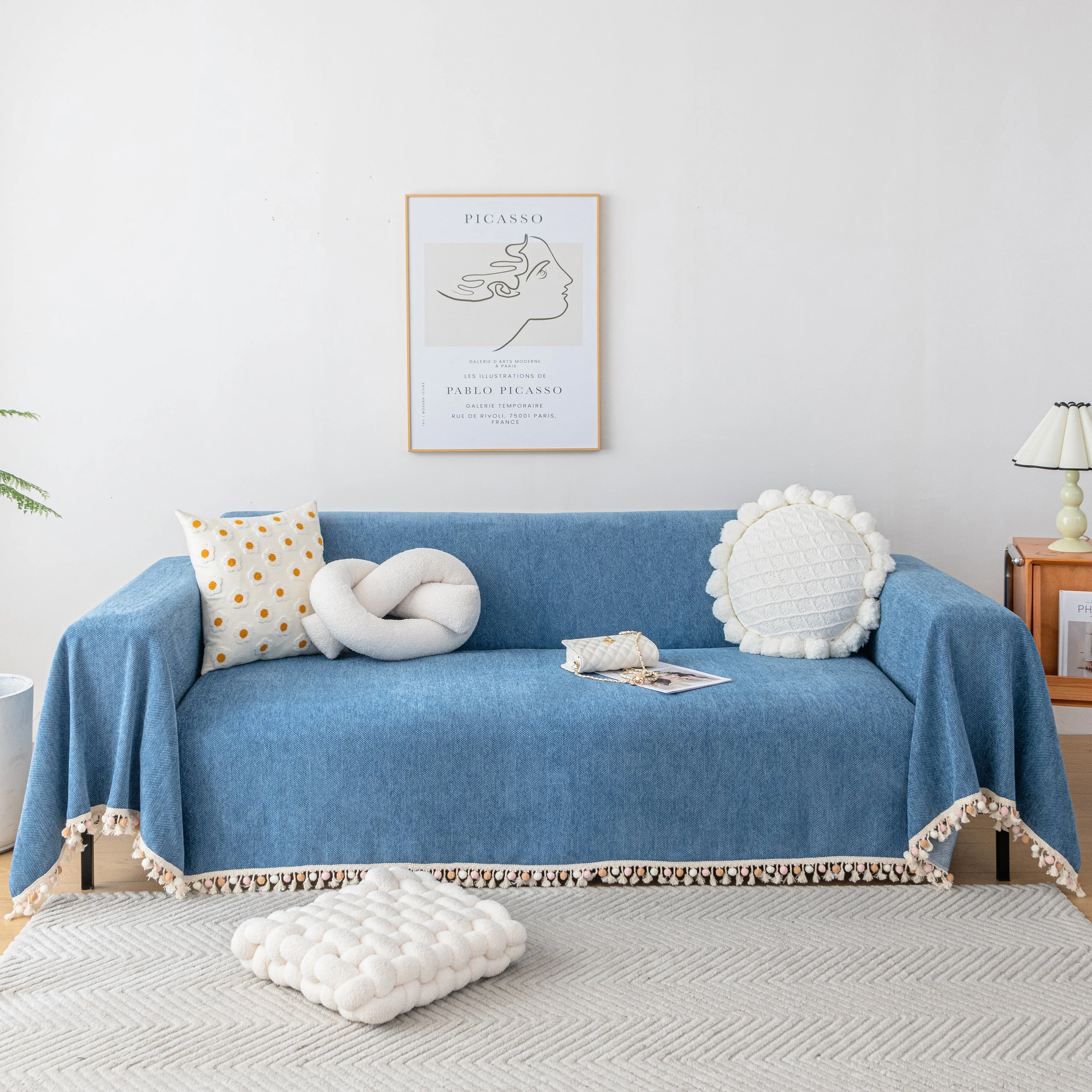 Couch Cover Sectional L Shape Chenille Herringbone Couch Throw Cover with Tassel Pom-Poms for Pets - Image 41