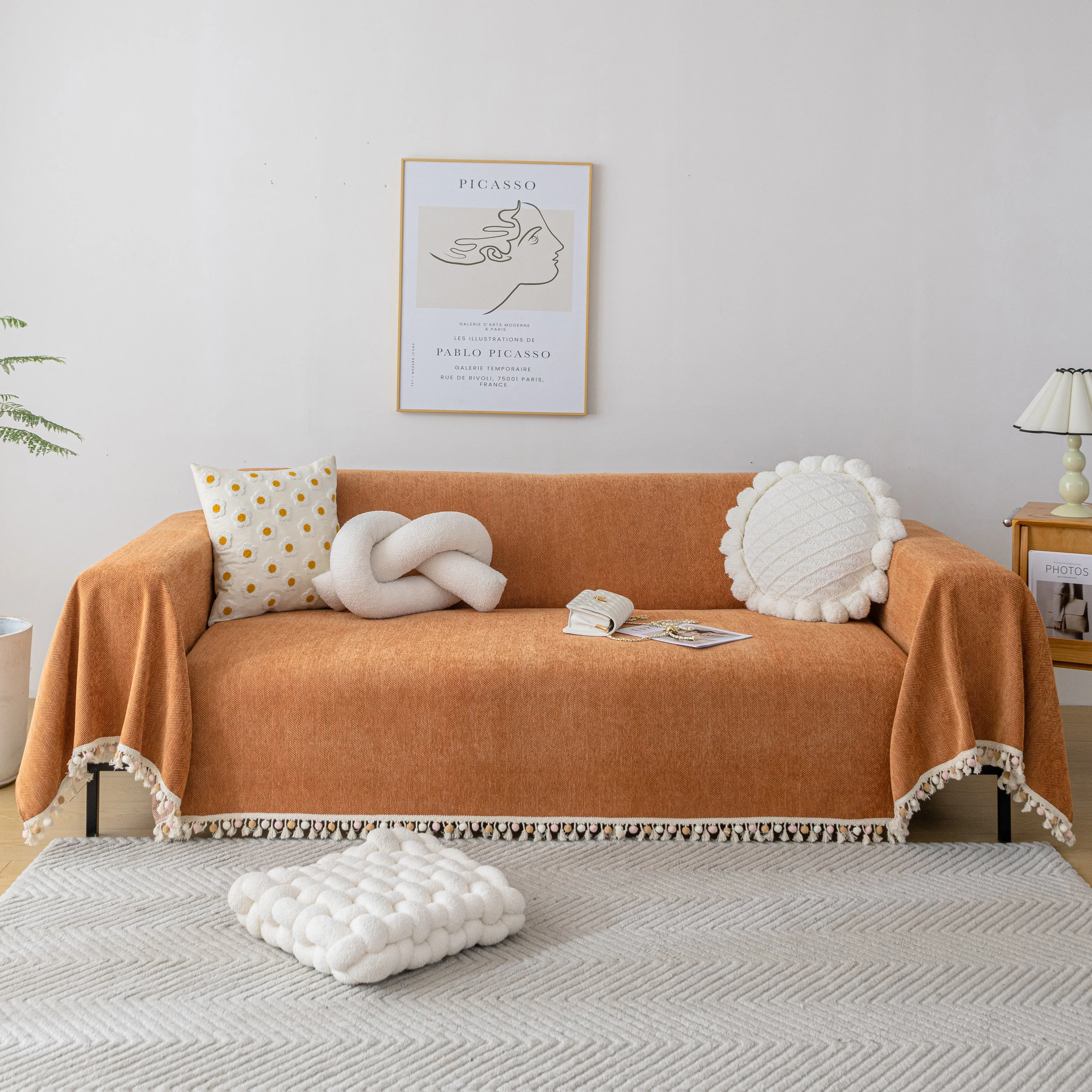 Couch Cover Sectional L Shape Chenille Herringbone Couch Throw Cover with Tassel Pom-Poms for Pets - Image 42