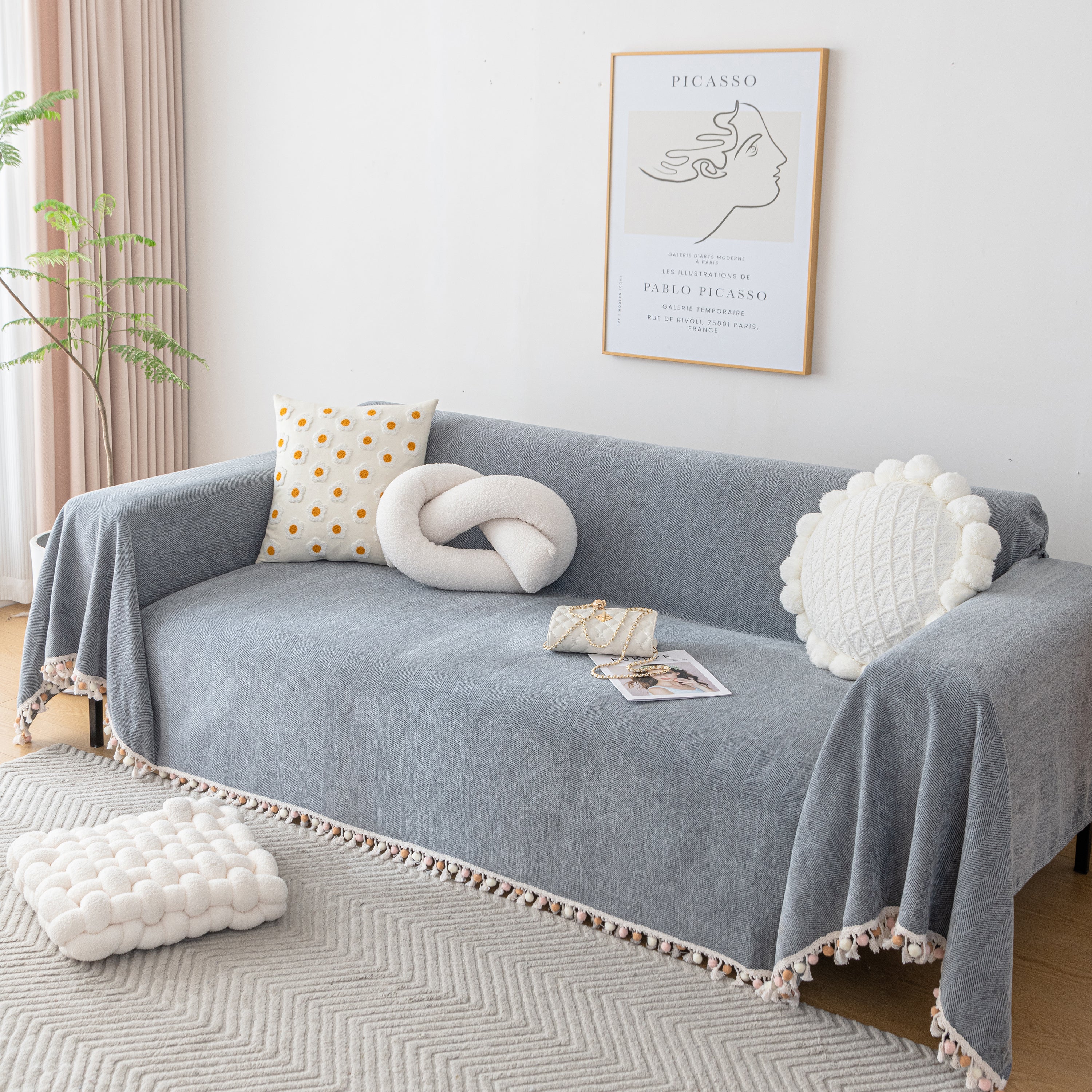 Couch Cover Sectional L Shape Chenille Herringbone Couch Throw Cover with Tassel Pom-Poms for Pets - Image 43