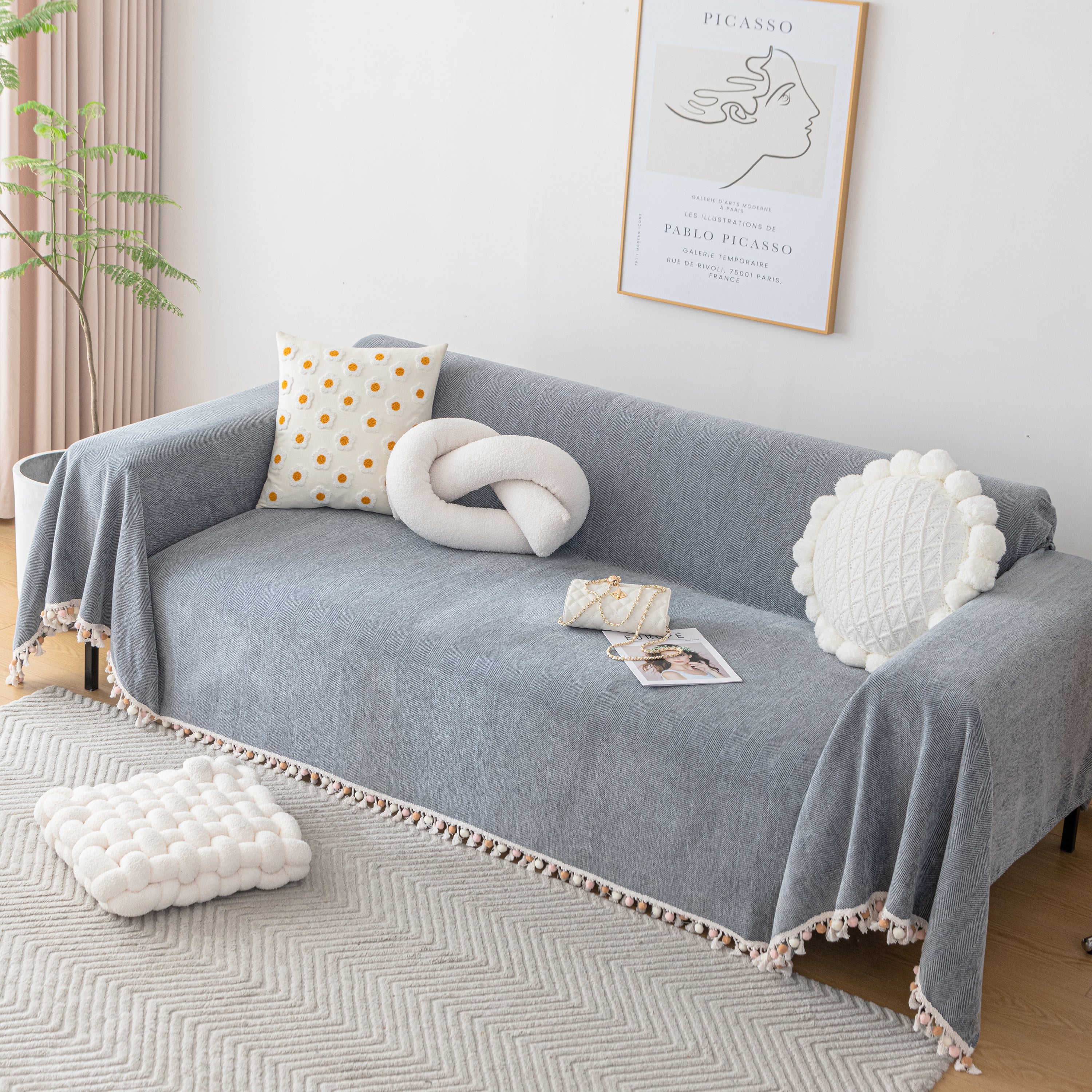 Couch Cover Sectional L Shape Chenille Herringbone Couch Throw Cover with Tassel Pom-Poms for Pets - Image 44