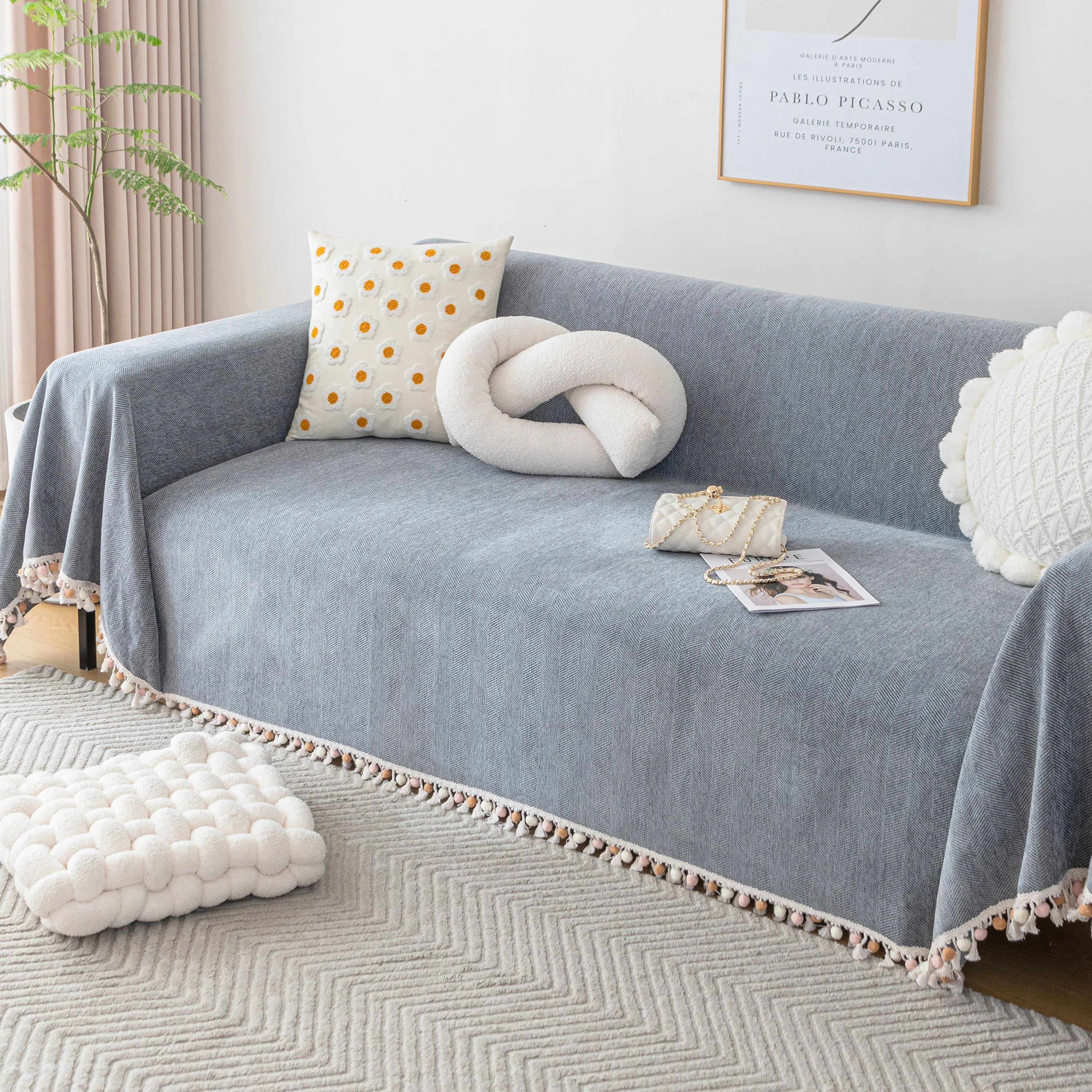 Couch Cover Sectional L Shape Chenille Herringbone Couch Throw Cover with Tassel Pom-Poms for Pets - Image 45