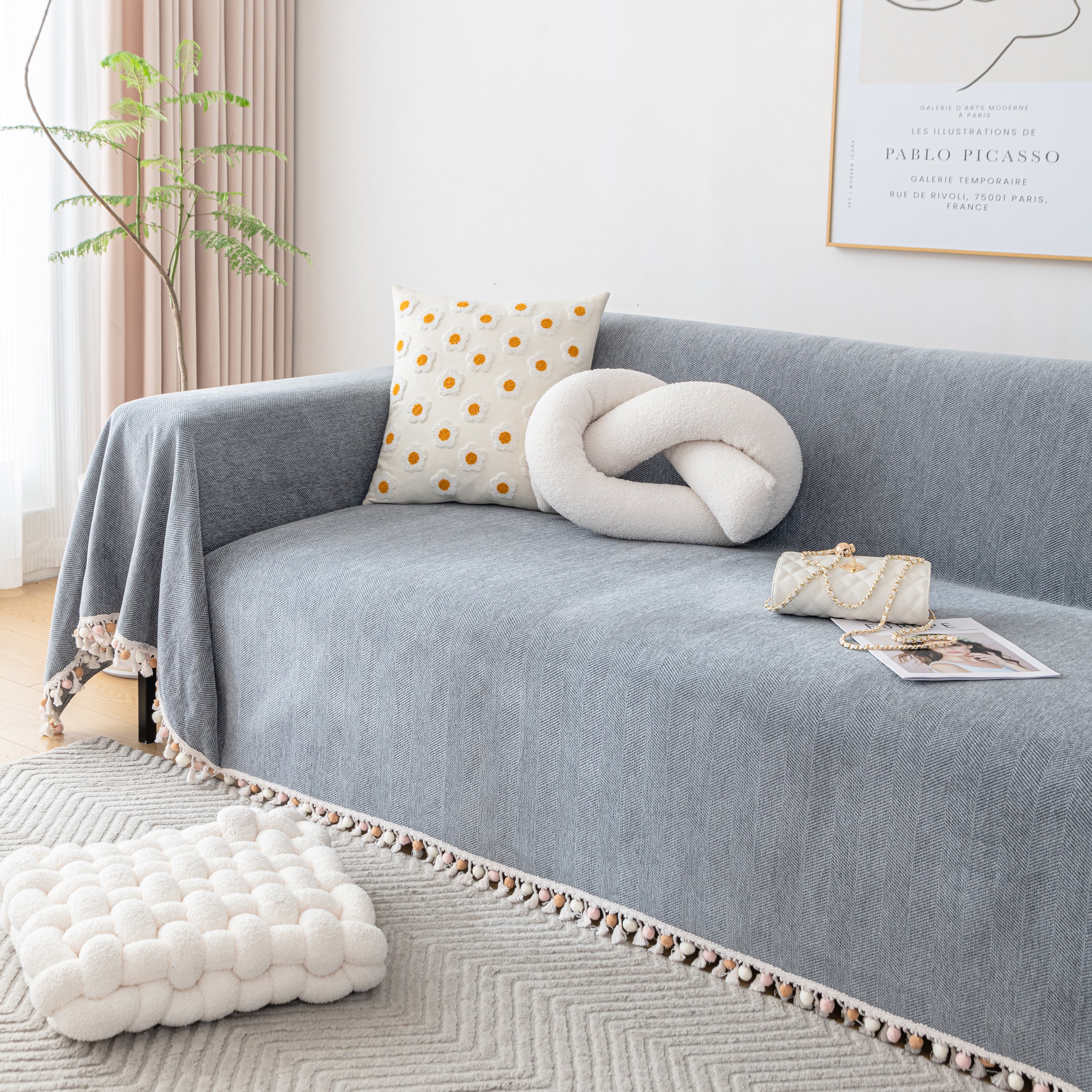 Couch Cover Sectional L Shape Chenille Herringbone Couch Throw Cover with Tassel Pom-Poms for Pets - Image 46