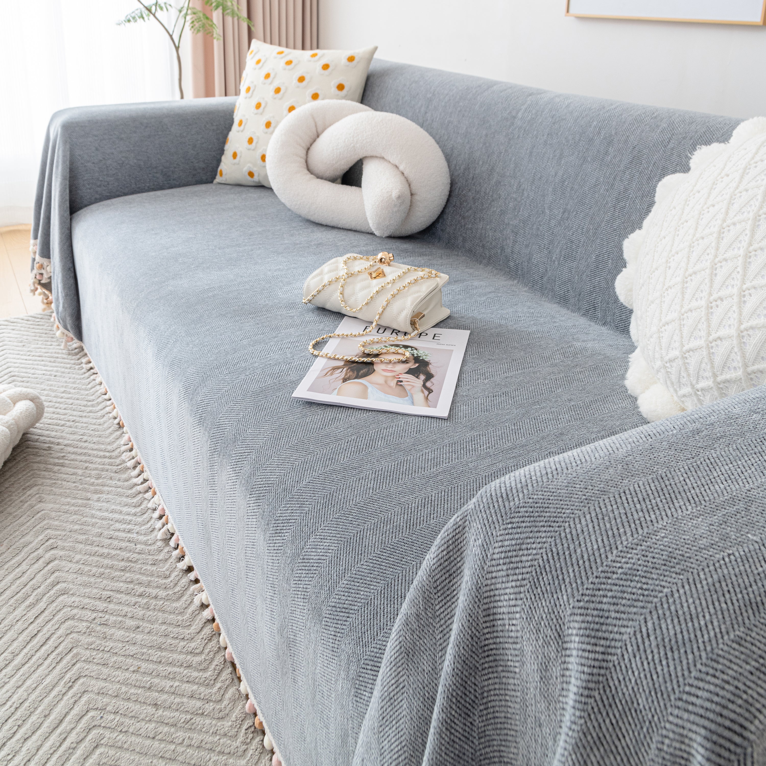 Couch Cover Sectional L Shape Chenille Herringbone Couch Throw Cover with Tassel Pom-Poms for Pets - Image 47