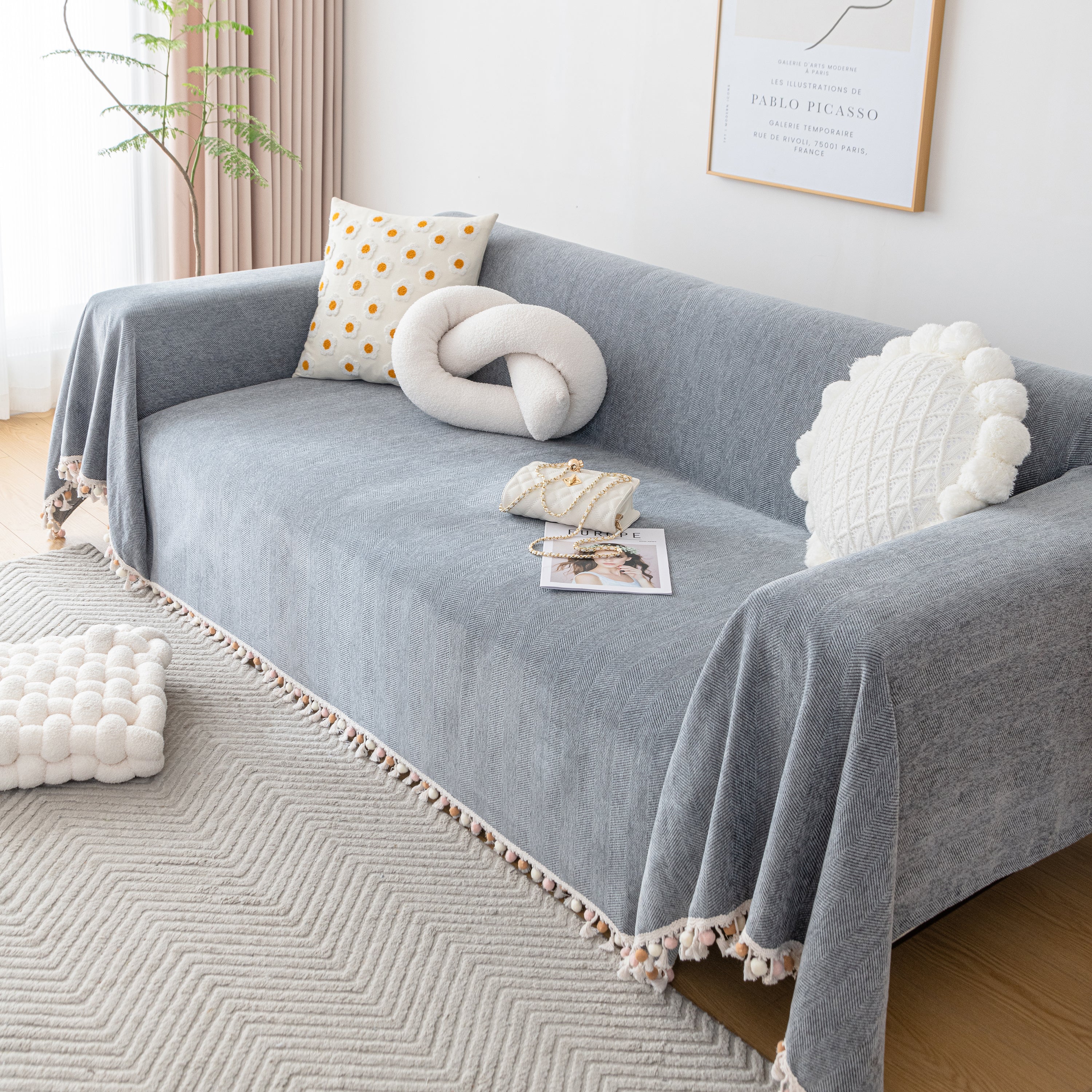 Couch Cover Sectional L Shape Chenille Herringbone Couch Throw Cover with Tassel Pom-Poms for Pets - Image 48
