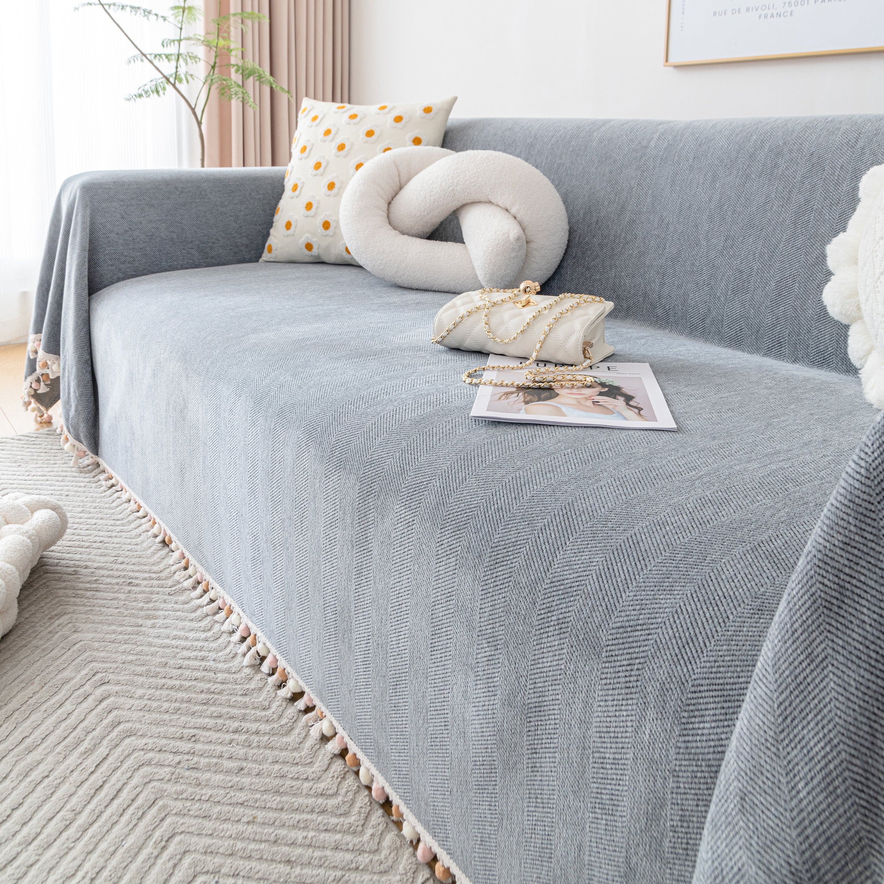 Couch Cover Sectional L Shape Chenille Herringbone Couch Throw Cover with Tassel Pom-Poms for Pets - Image 49