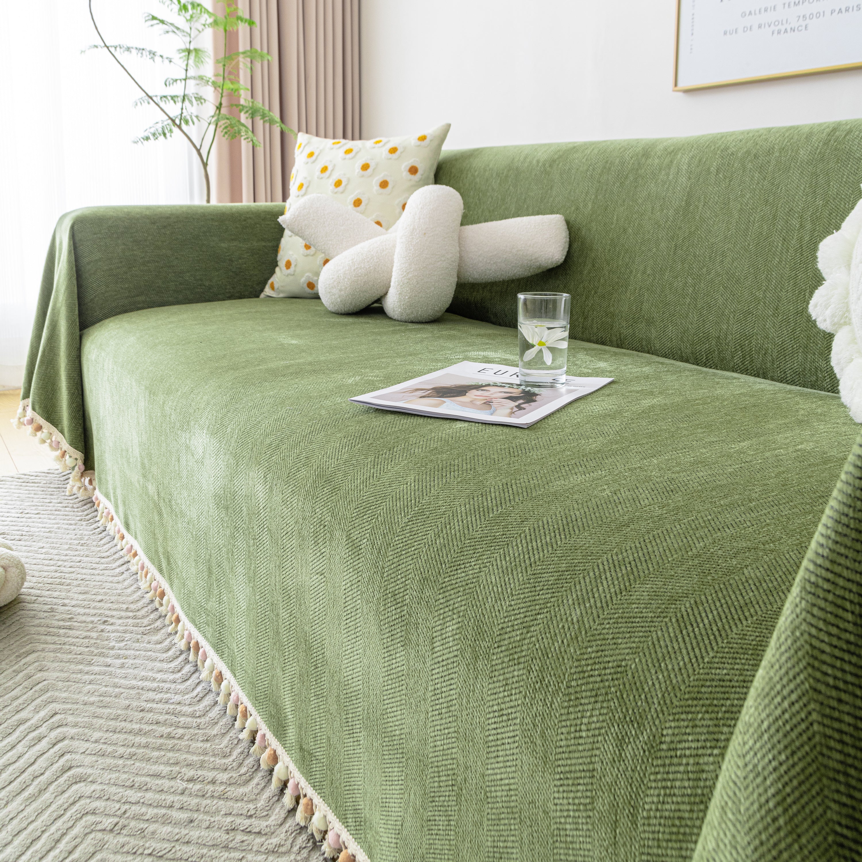 Couch Cover Sectional L Shape Chenille Herringbone Couch Throw Cover with Tassel Pom-Poms for Pets - Image 5