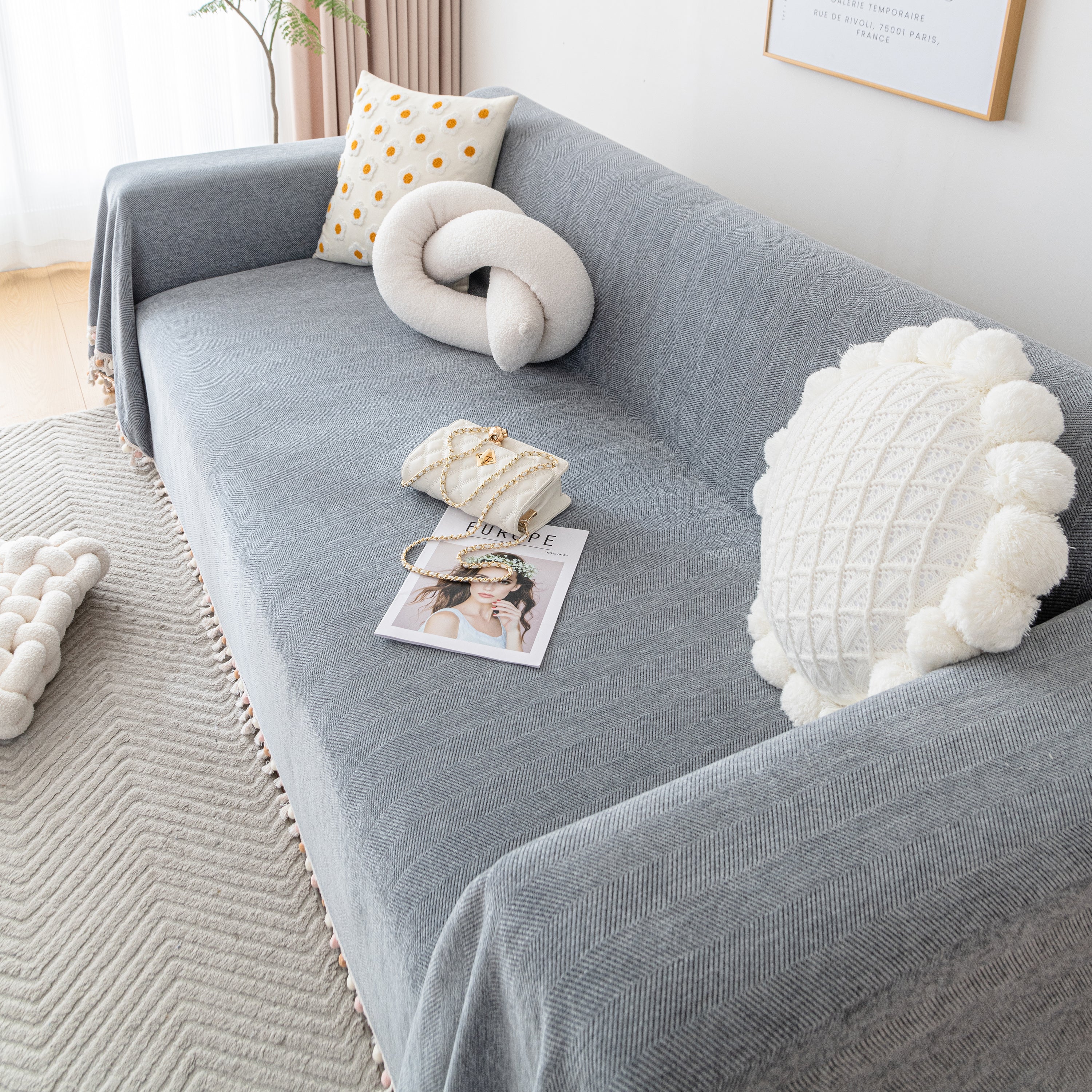 Couch Cover Sectional L Shape Chenille Herringbone Couch Throw Cover with Tassel Pom-Poms for Pets - Image 50