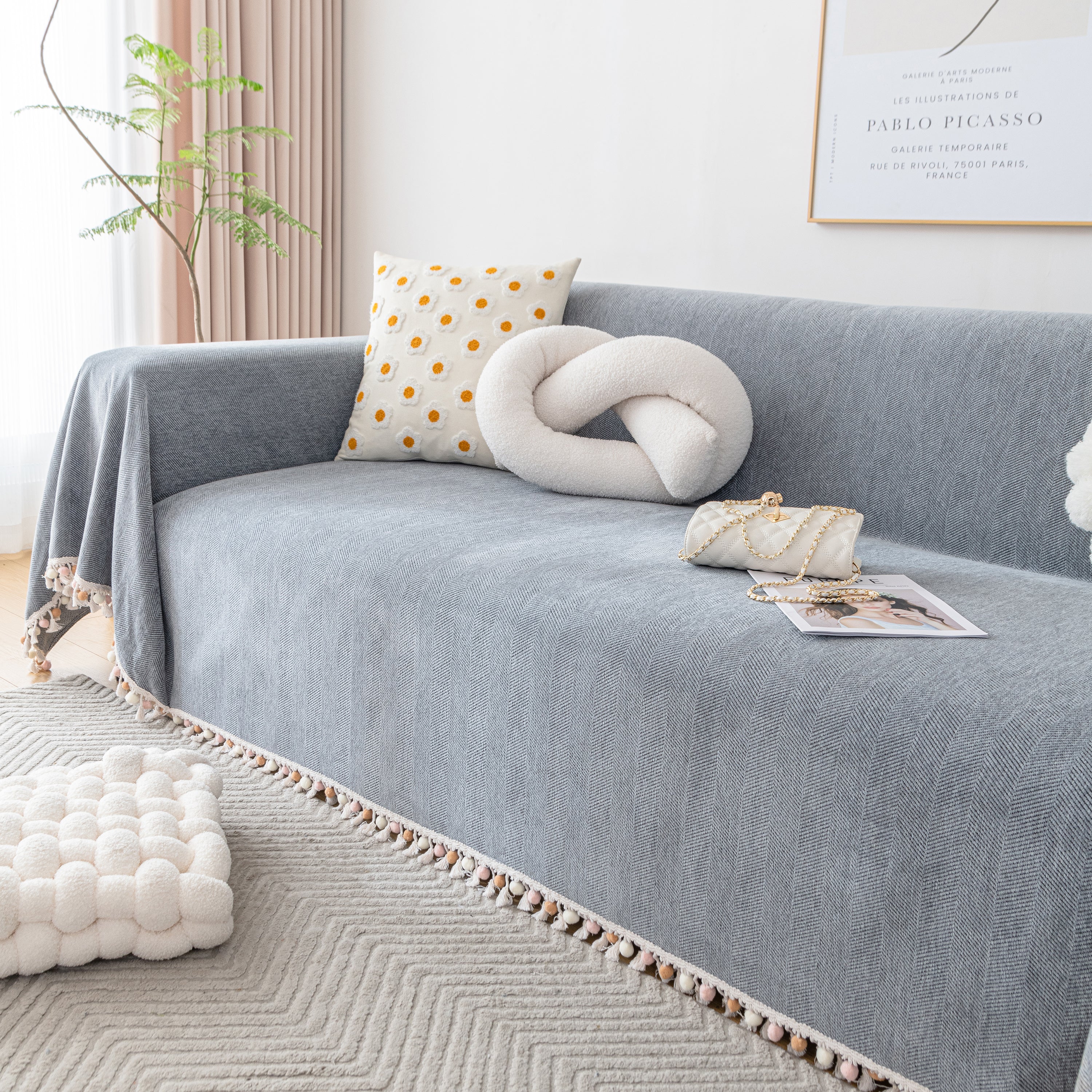 Couch Cover Sectional L Shape Chenille Herringbone Couch Throw Cover with Tassel Pom-Poms for Pets - Image 51