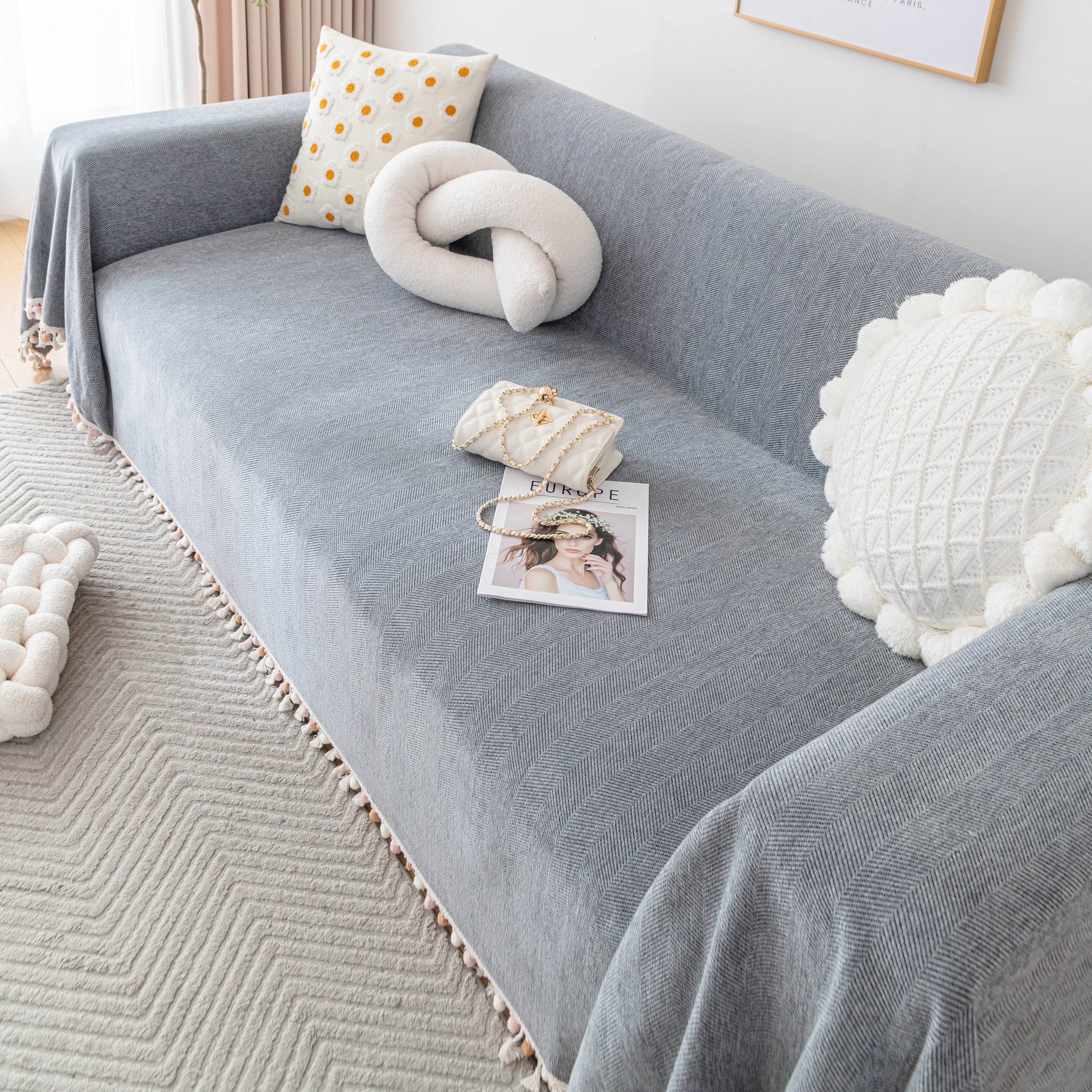 Couch Cover Sectional L Shape Chenille Herringbone Couch Throw Cover with Tassel Pom-Poms for Pets - Image 52