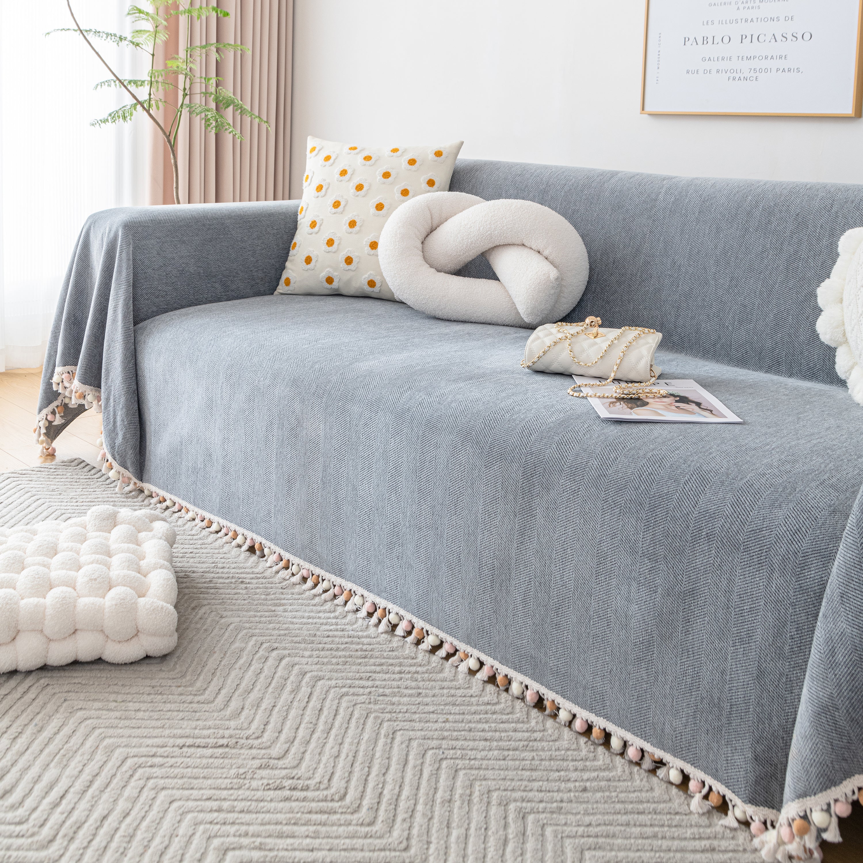Couch Cover Sectional L Shape Chenille Herringbone Couch Throw Cover with Tassel Pom-Poms for Pets - Image 53