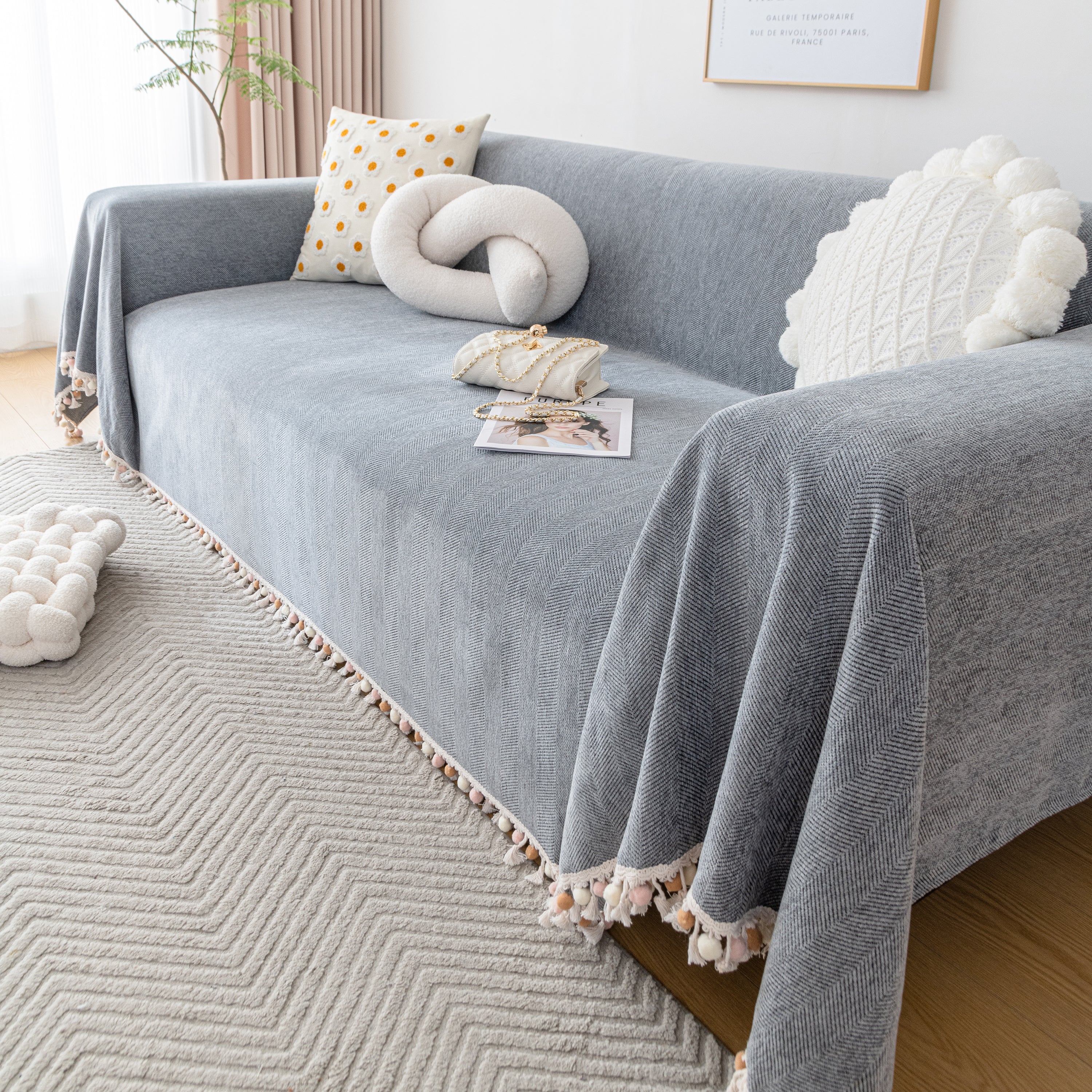 Couch Cover Sectional L Shape Chenille Herringbone Couch Throw Cover with Tassel Pom-Poms for Pets - Image 54