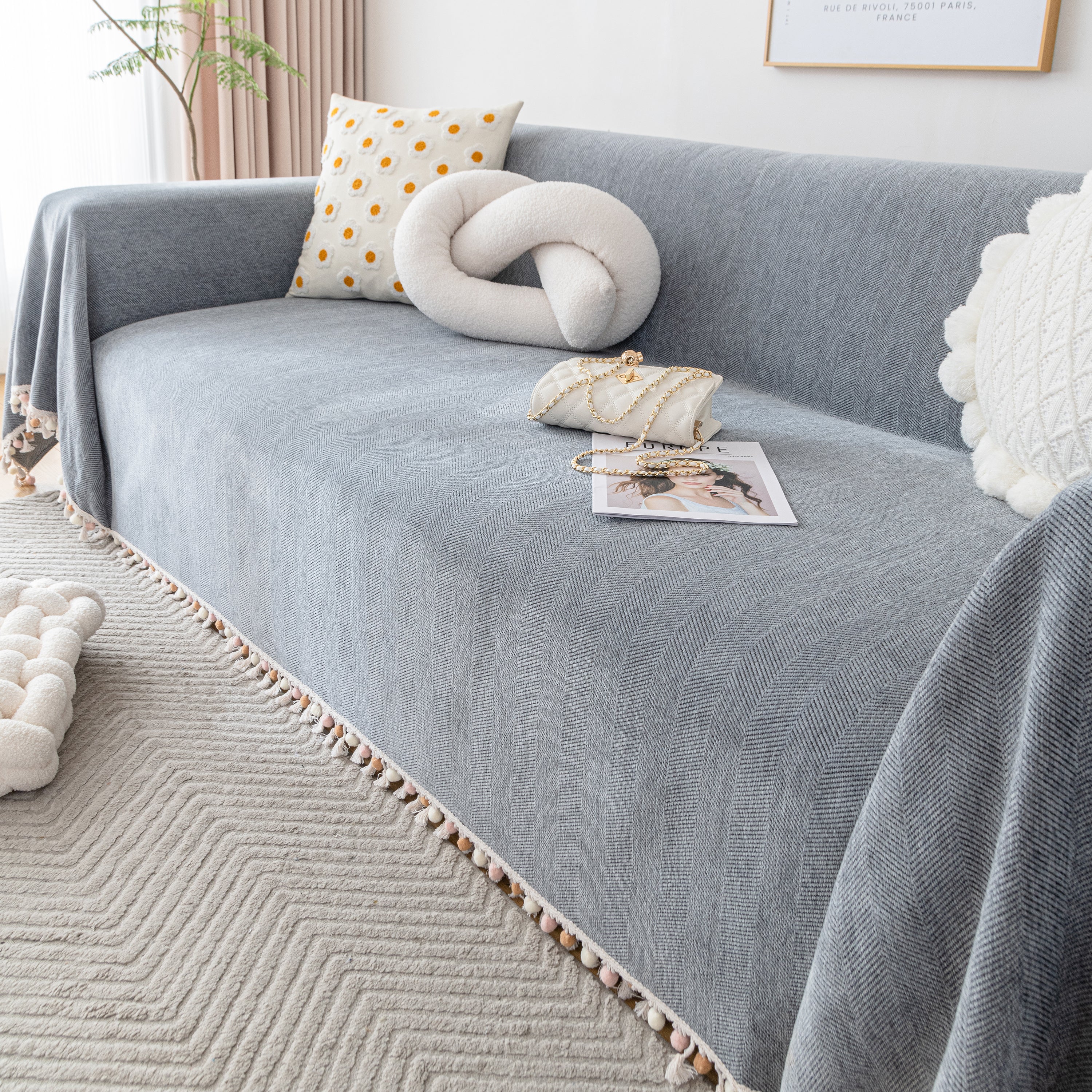 Couch Cover Sectional L Shape Chenille Herringbone Couch Throw Cover with Tassel Pom-Poms for Pets - Image 55