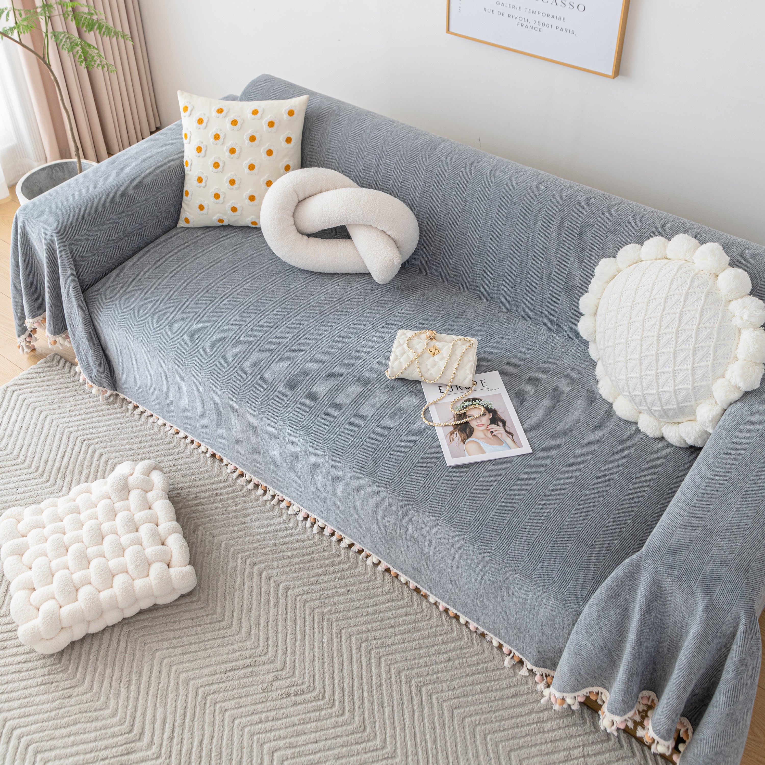 Couch Cover Sectional L Shape Chenille Herringbone Couch Throw Cover with Tassel Pom-Poms for Pets - Image 56