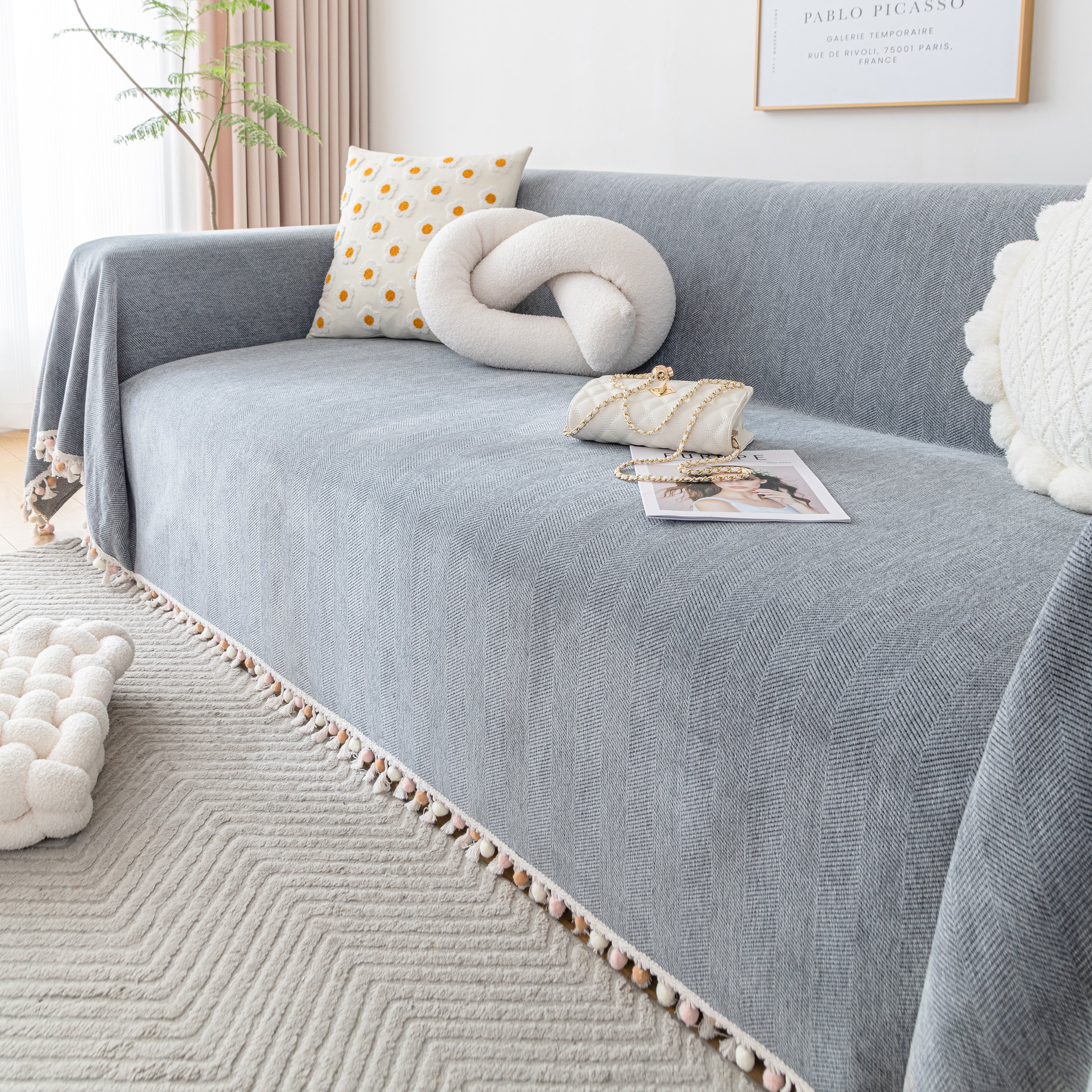 Couch Cover Sectional L Shape Chenille Herringbone Couch Throw Cover with Tassel Pom-Poms for Pets - Image 57