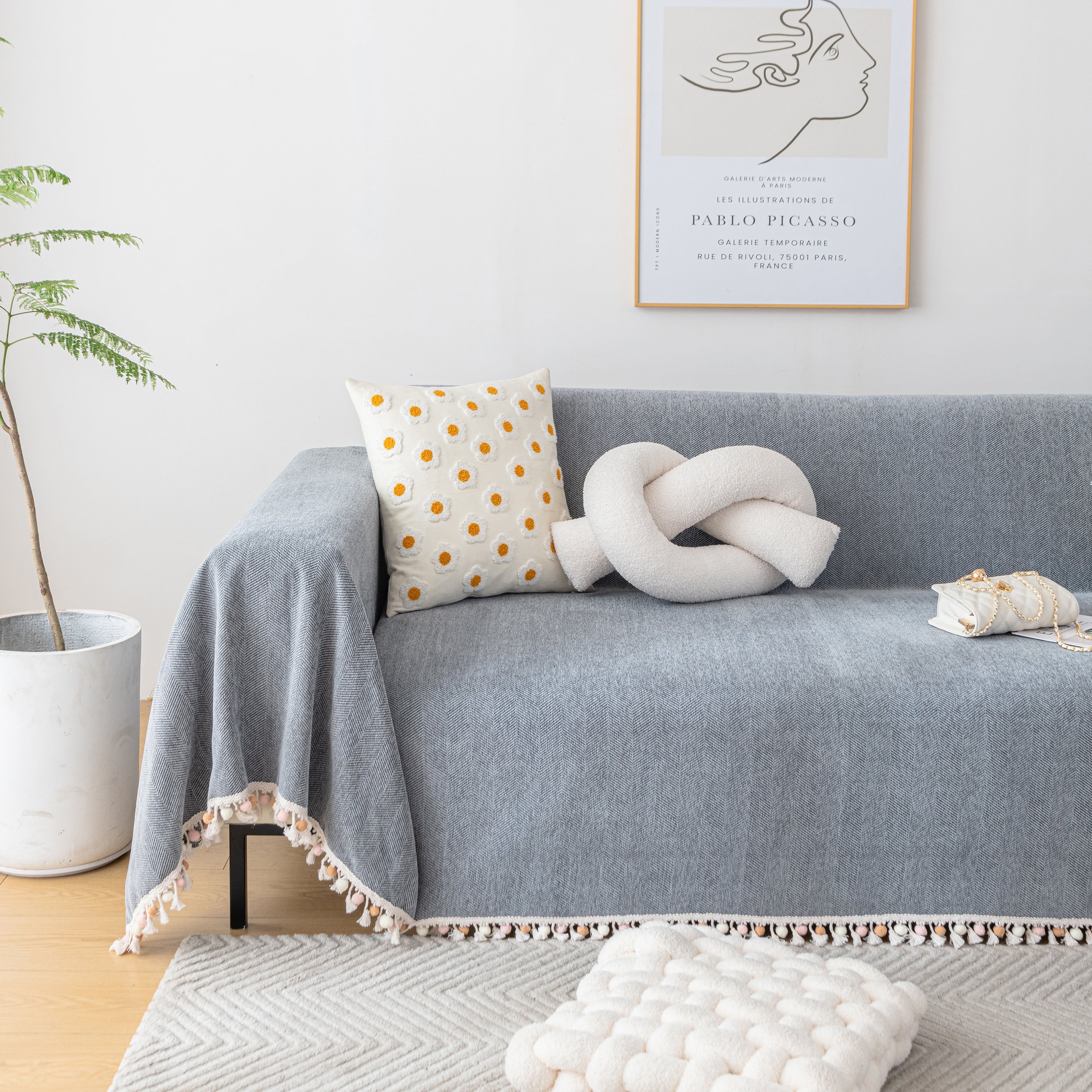 Couch Cover Sectional L Shape Chenille Herringbone Couch Throw Cover with Tassel Pom-Poms for Pets - Image 58