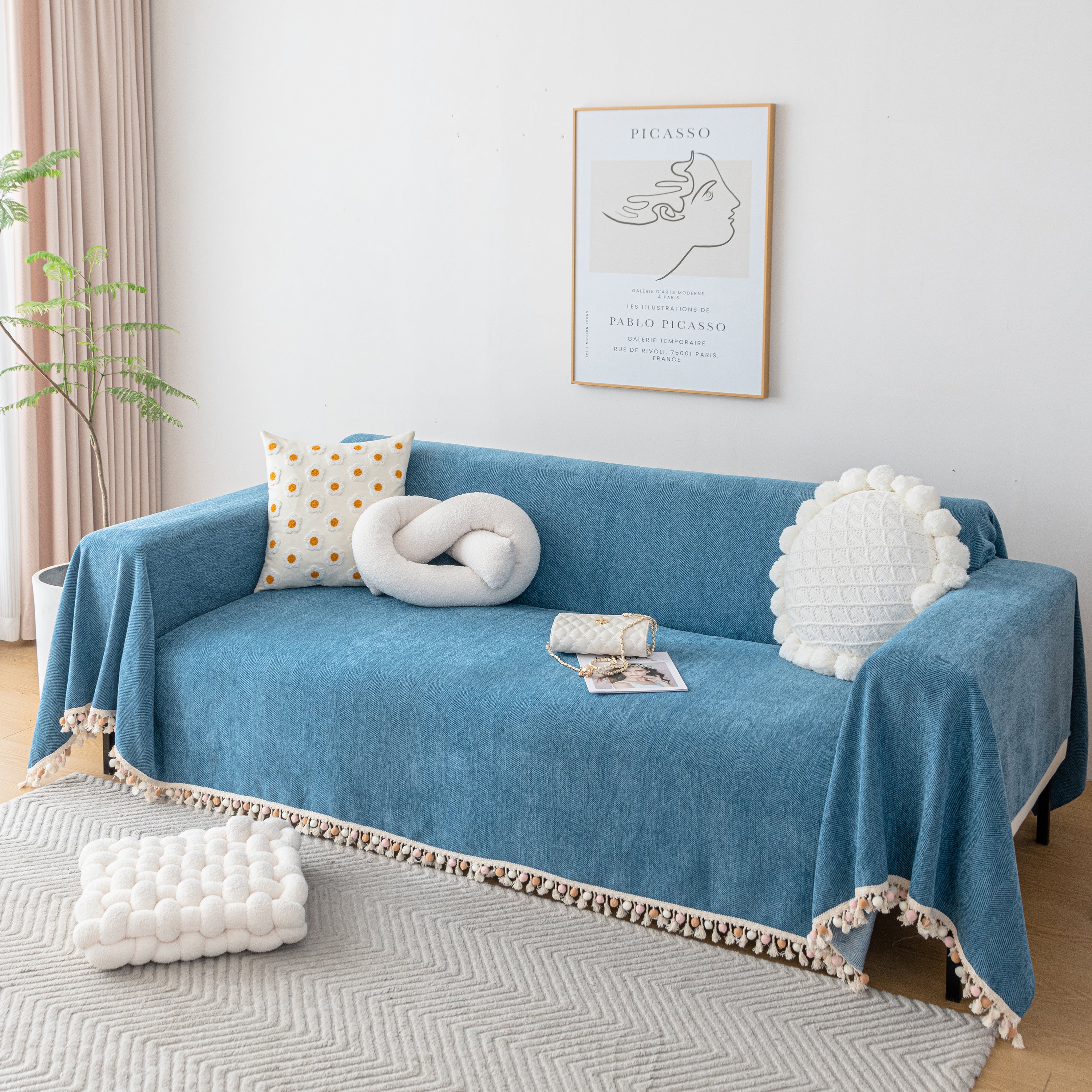 Couch Cover Sectional L Shape Chenille Herringbone Couch Throw Cover with Tassel Pom-Poms for Pets - Image 59