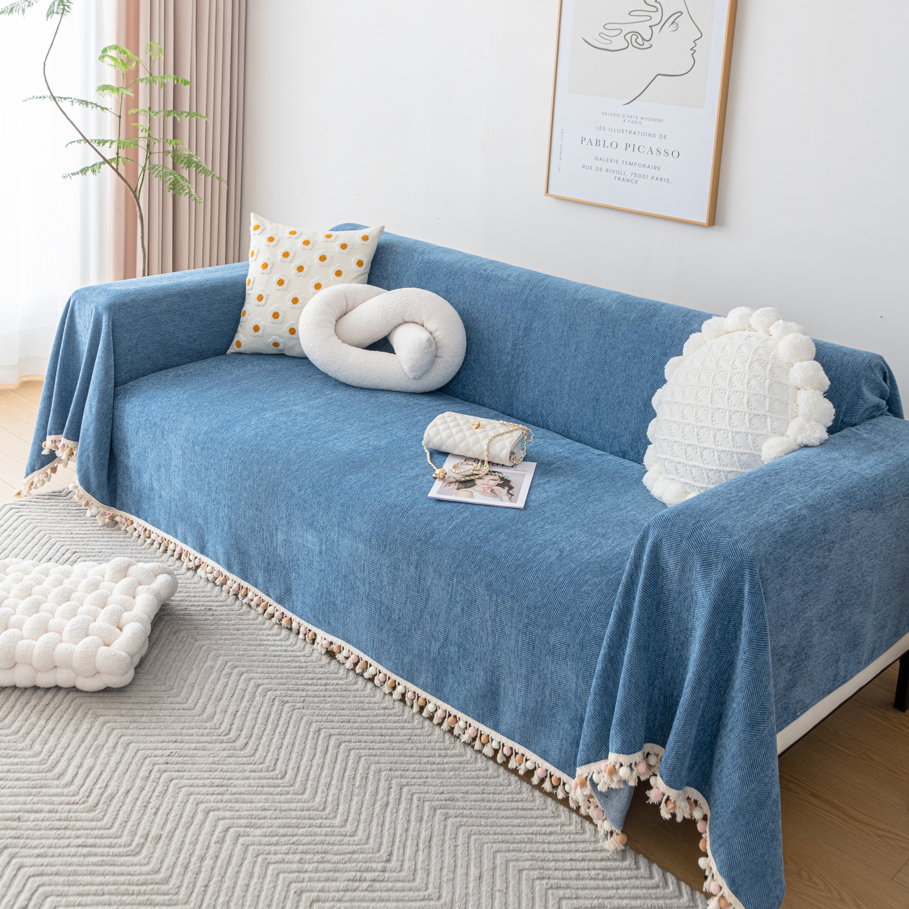 Couch Cover Sectional L Shape Chenille Herringbone Couch Throw Cover with Tassel Pom-Poms for Pets - Image 60