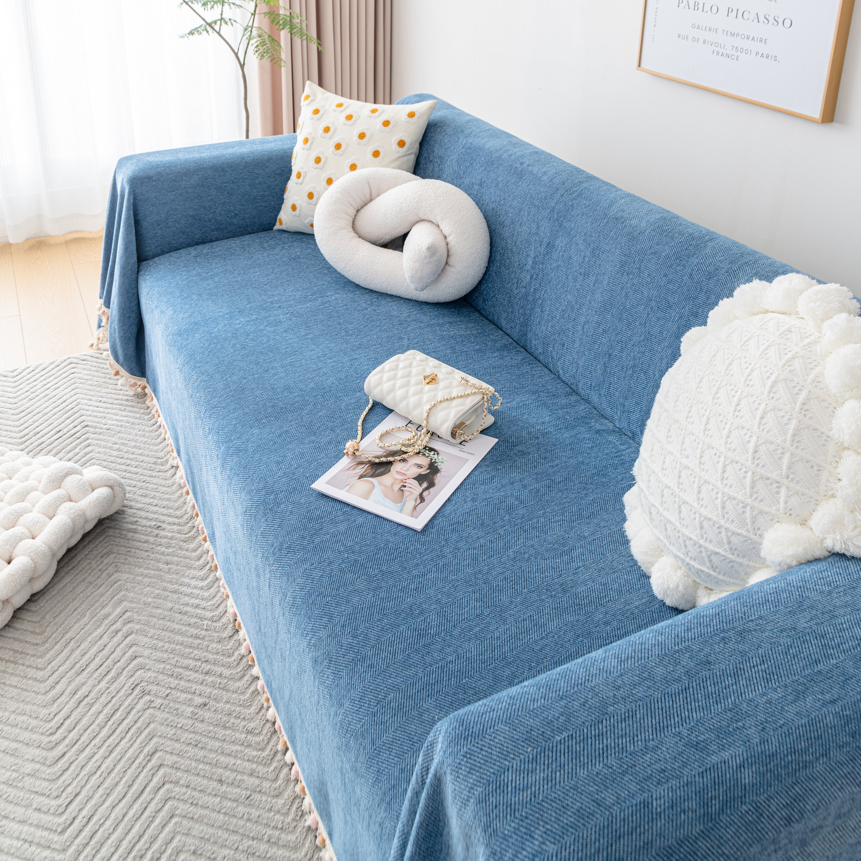 Couch Cover Sectional L Shape Chenille Herringbone Couch Throw Cover with Tassel Pom-Poms for Pets - Image 61