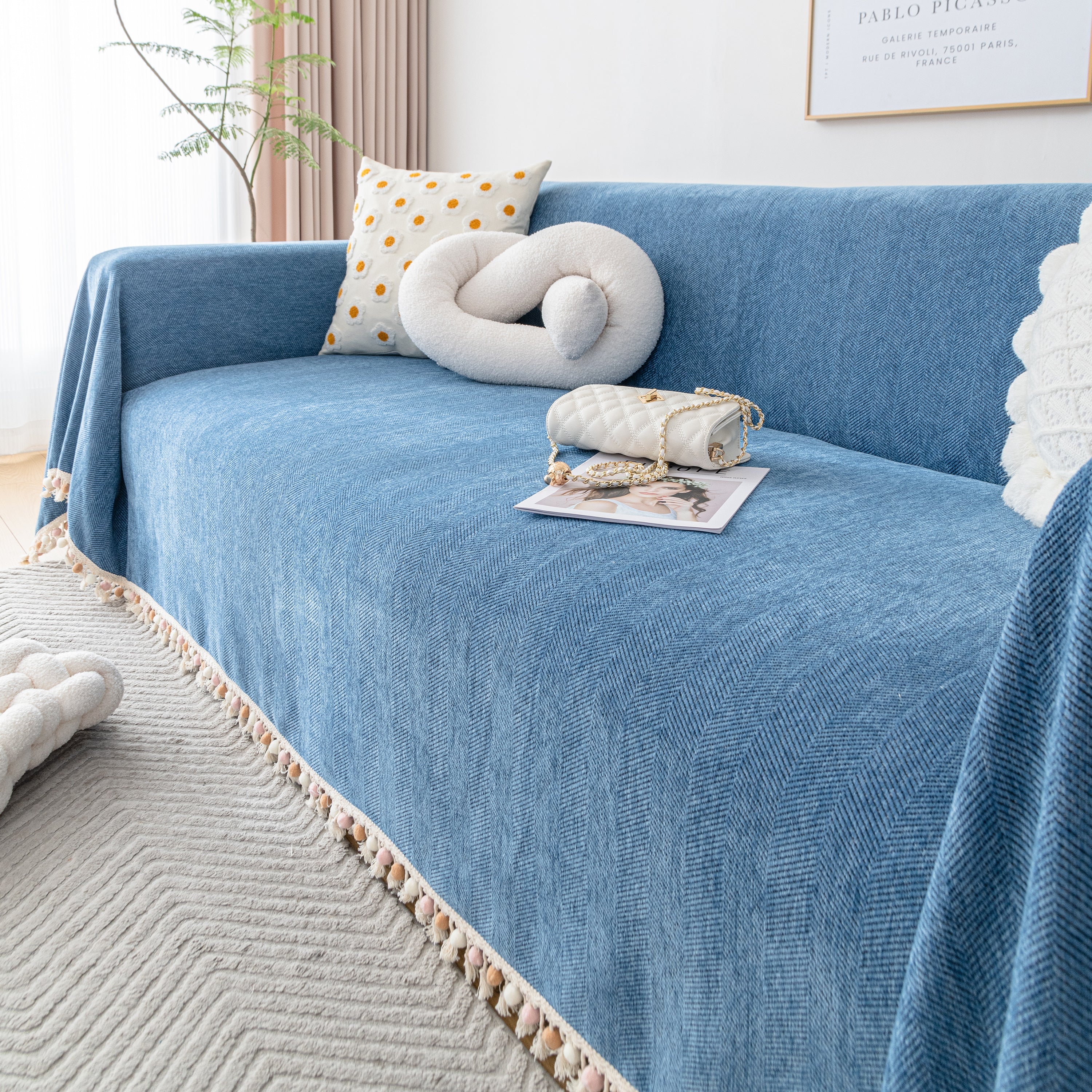 Couch Cover Sectional L Shape Chenille Herringbone Couch Throw Cover with Tassel Pom-Poms for Pets - Image 62