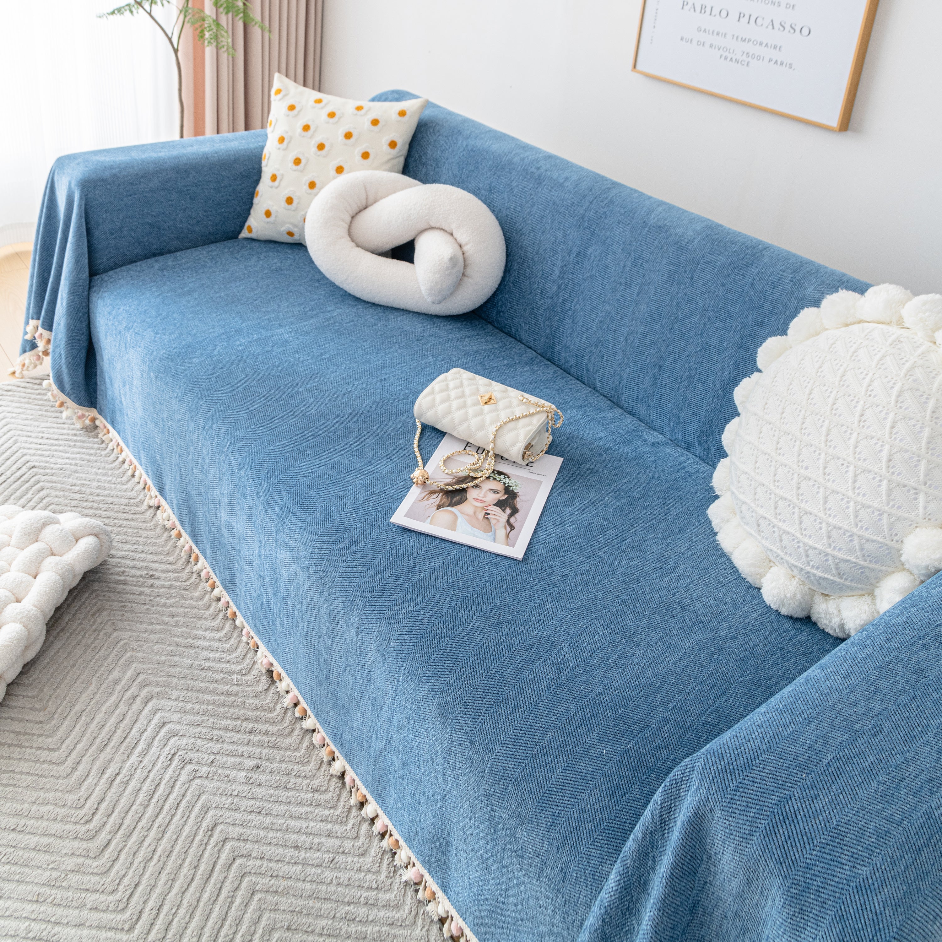 Couch Cover Sectional L Shape Chenille Herringbone Couch Throw Cover with Tassel Pom-Poms for Pets - Image 68
