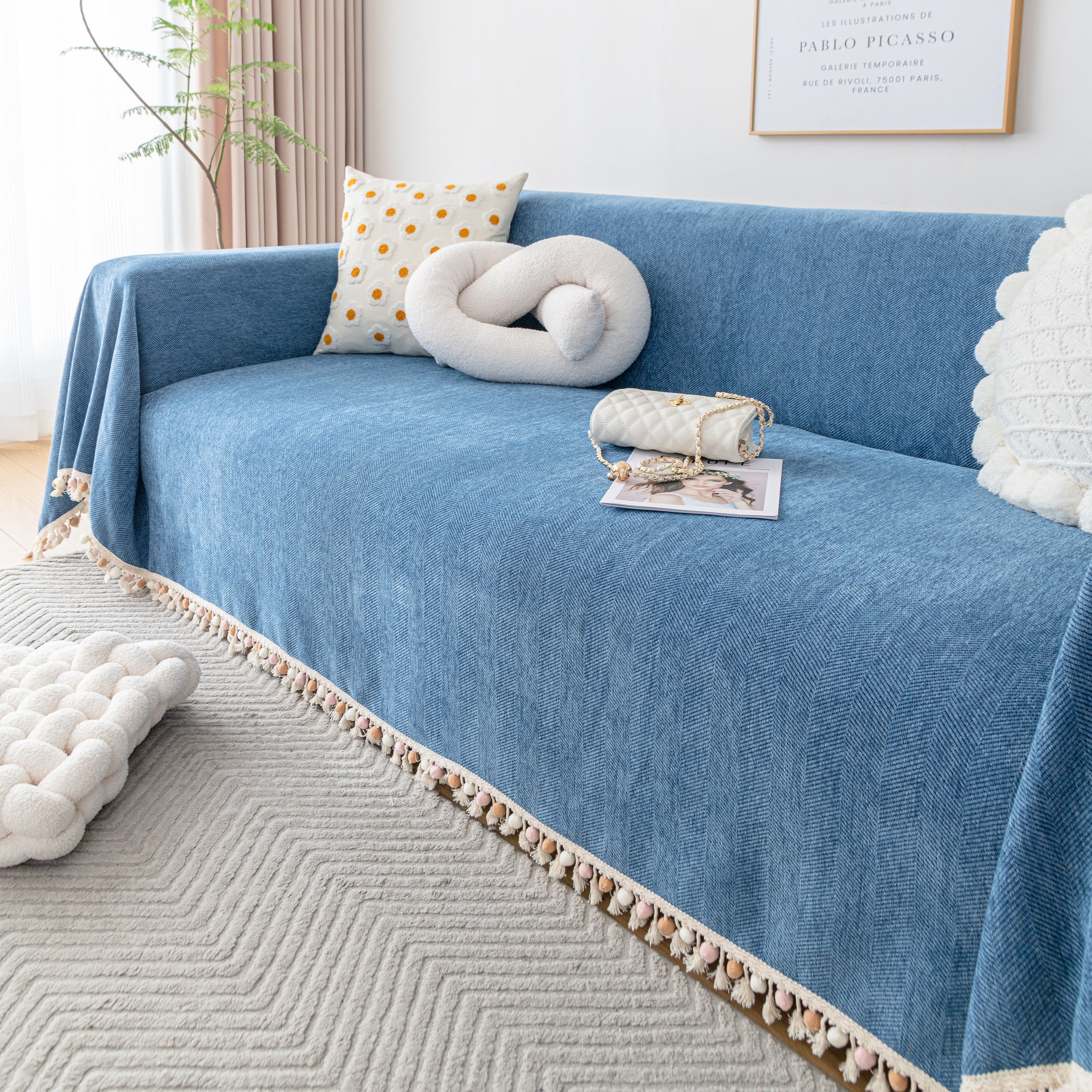Couch Cover Sectional L Shape Chenille Herringbone Couch Throw Cover with Tassel Pom-Poms for Pets - Image 69