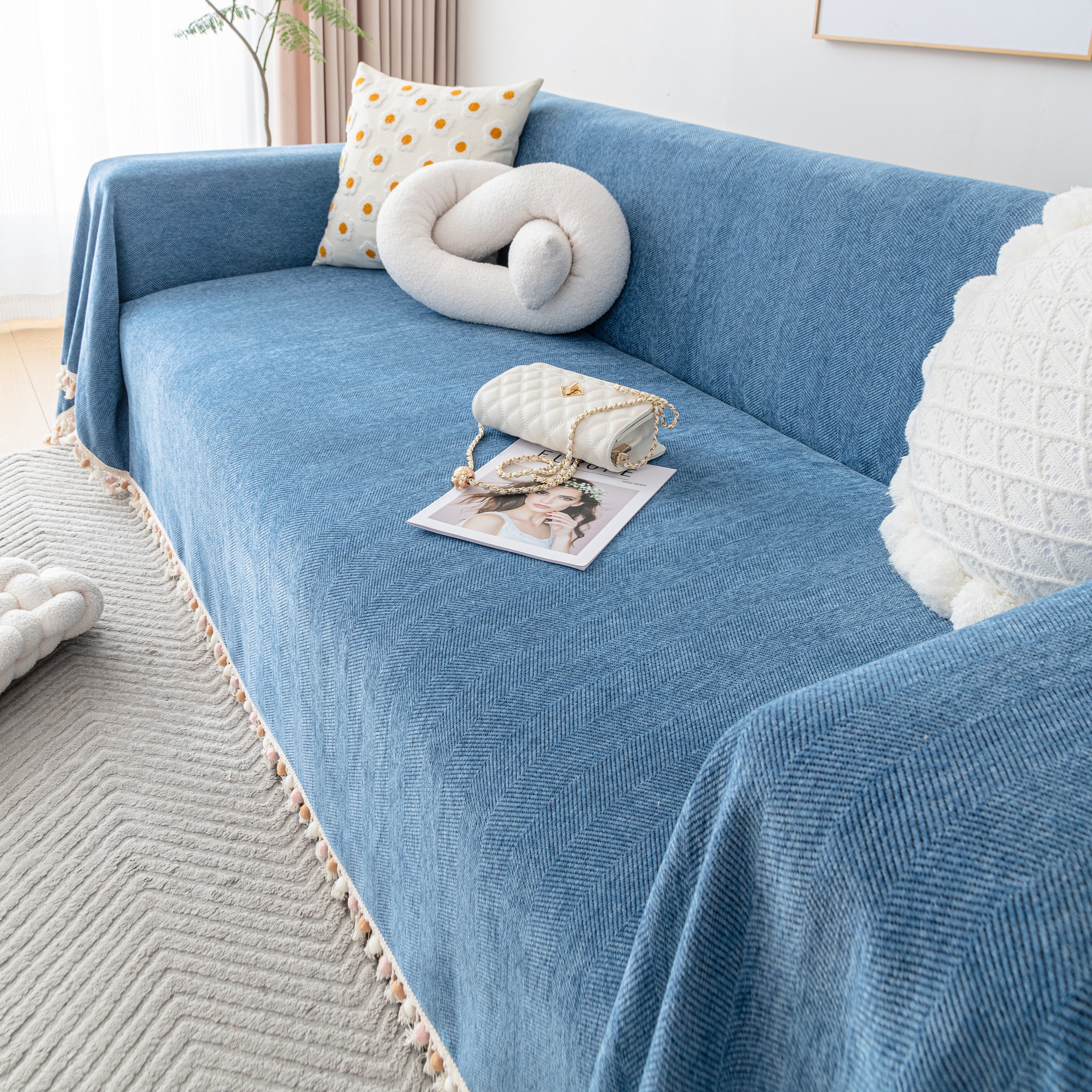 Couch Cover Sectional L Shape Chenille Herringbone Couch Throw Cover with Tassel Pom-Poms for Pets - Image 70