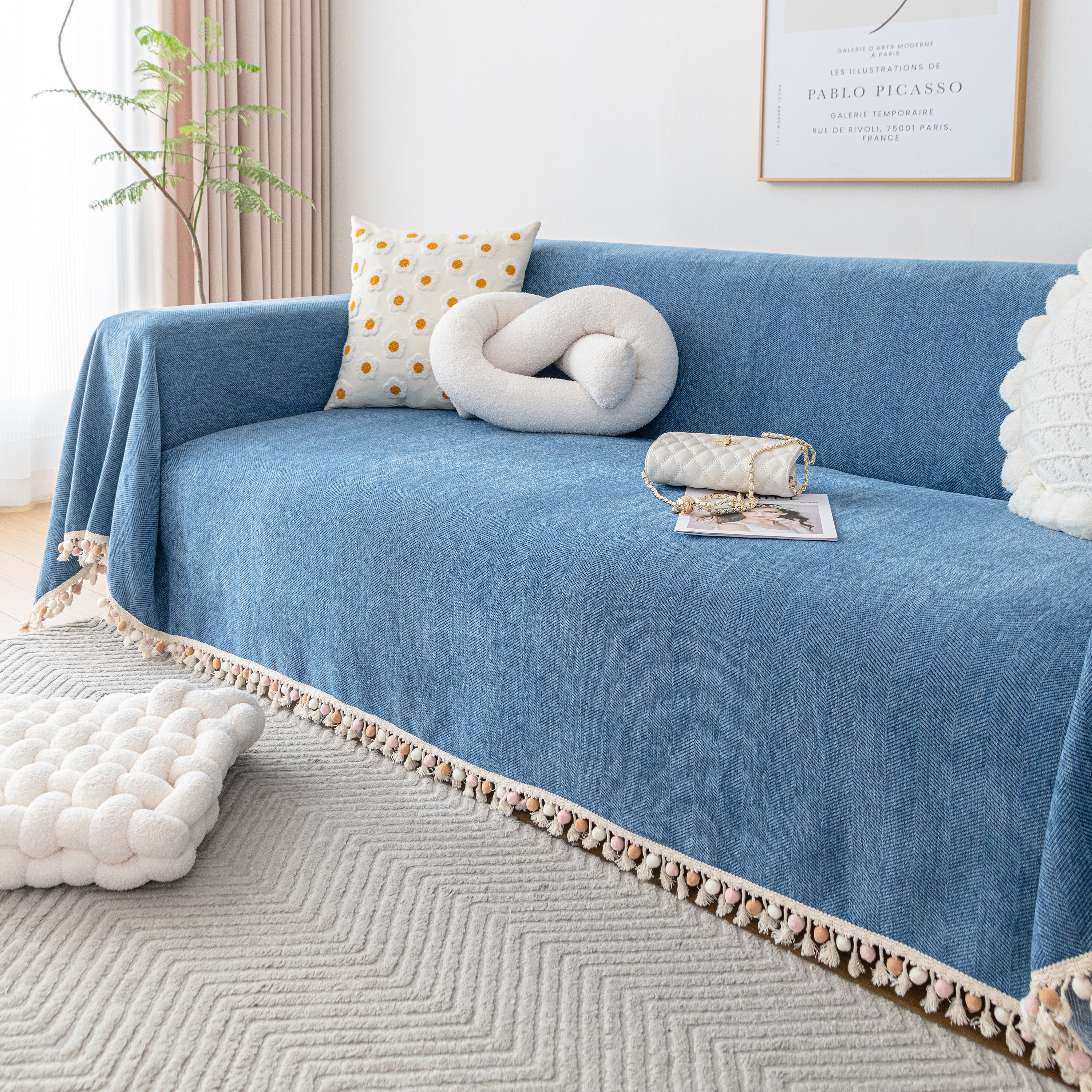 Couch Cover Sectional L Shape Chenille Herringbone Couch Throw Cover with Tassel Pom-Poms for Pets - Image 71