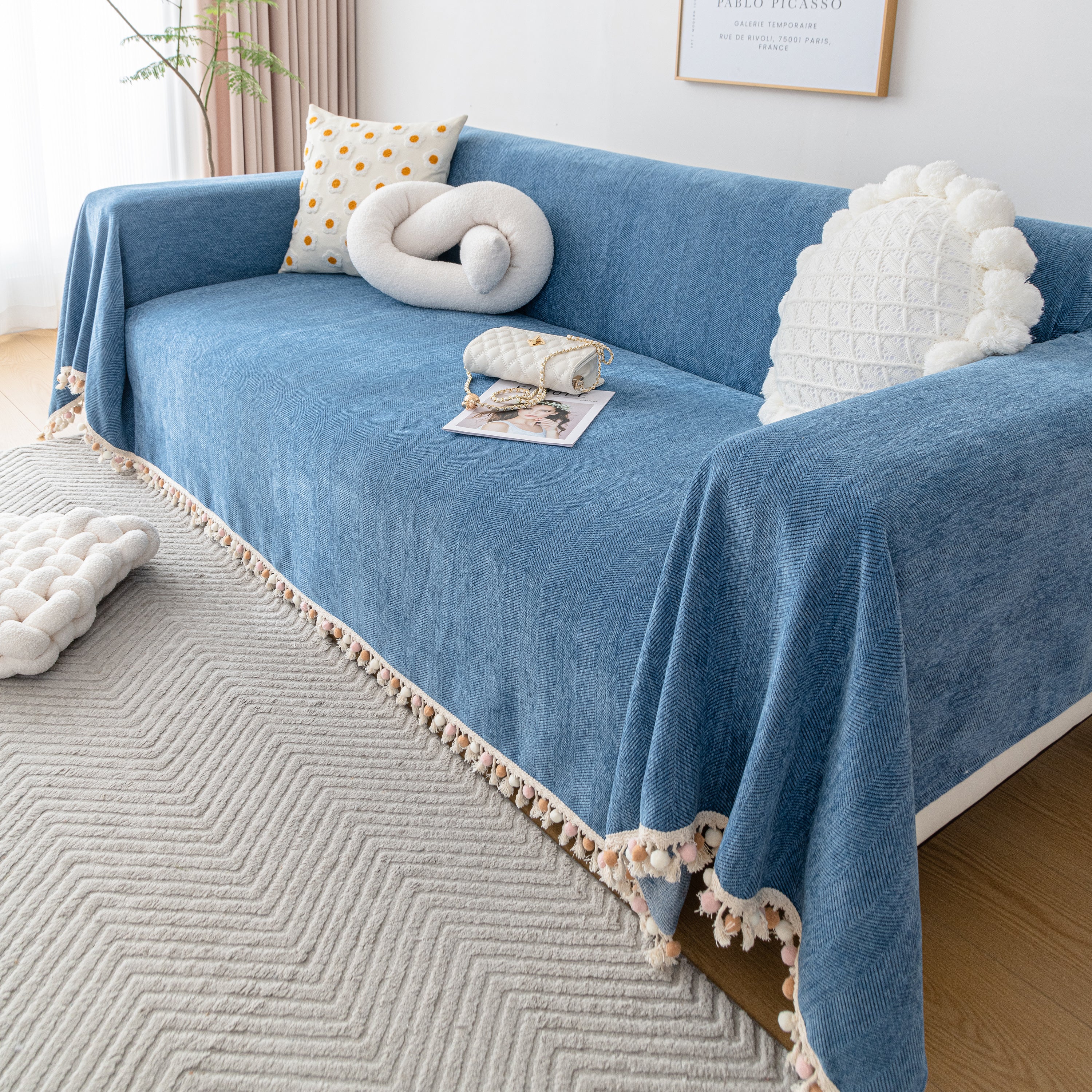 Couch Cover Sectional L Shape Chenille Herringbone Couch Throw Cover with Tassel Pom-Poms for Pets - Image 72