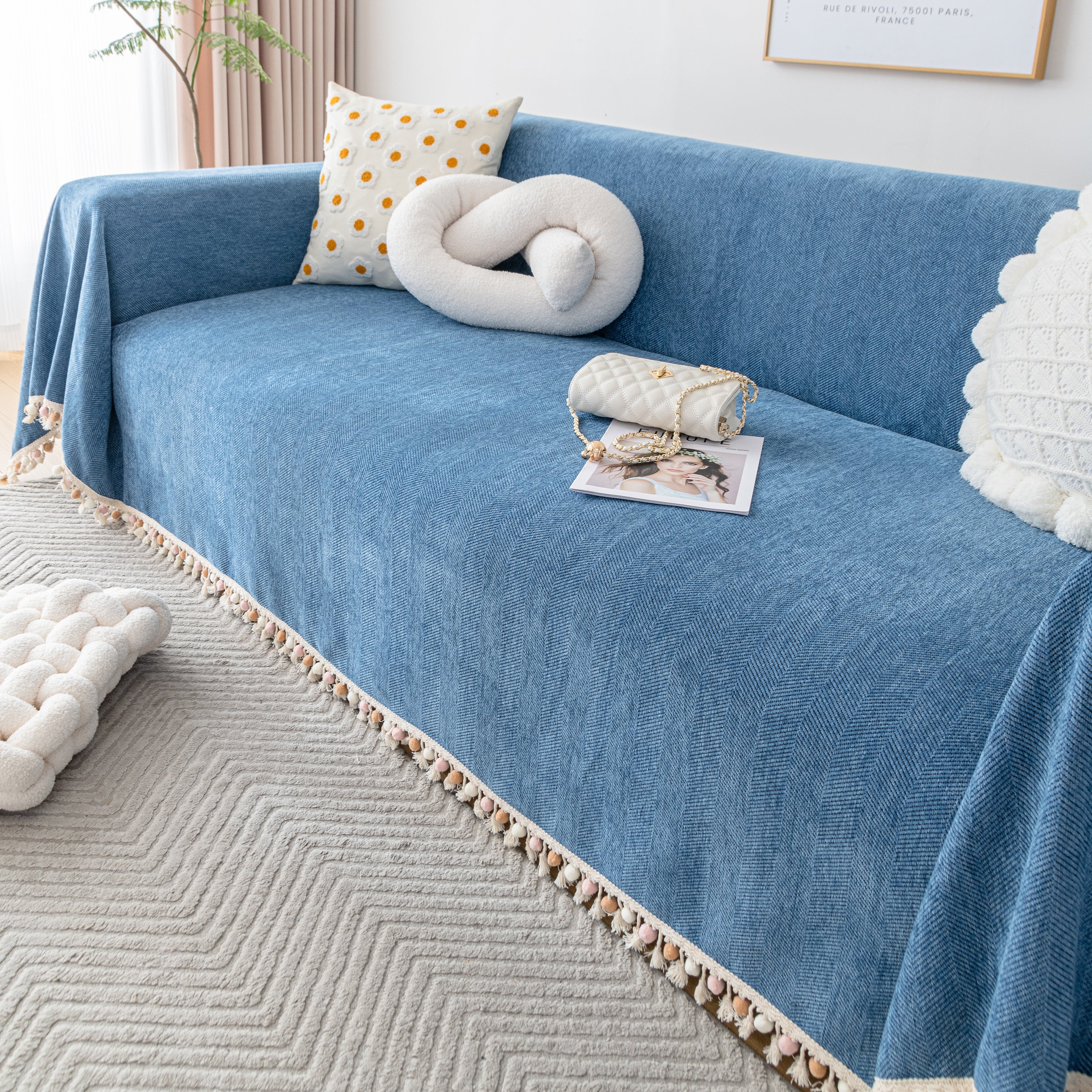 Couch Cover Sectional L Shape Chenille Herringbone Couch Throw Cover with Tassel Pom-Poms for Pets - Image 73