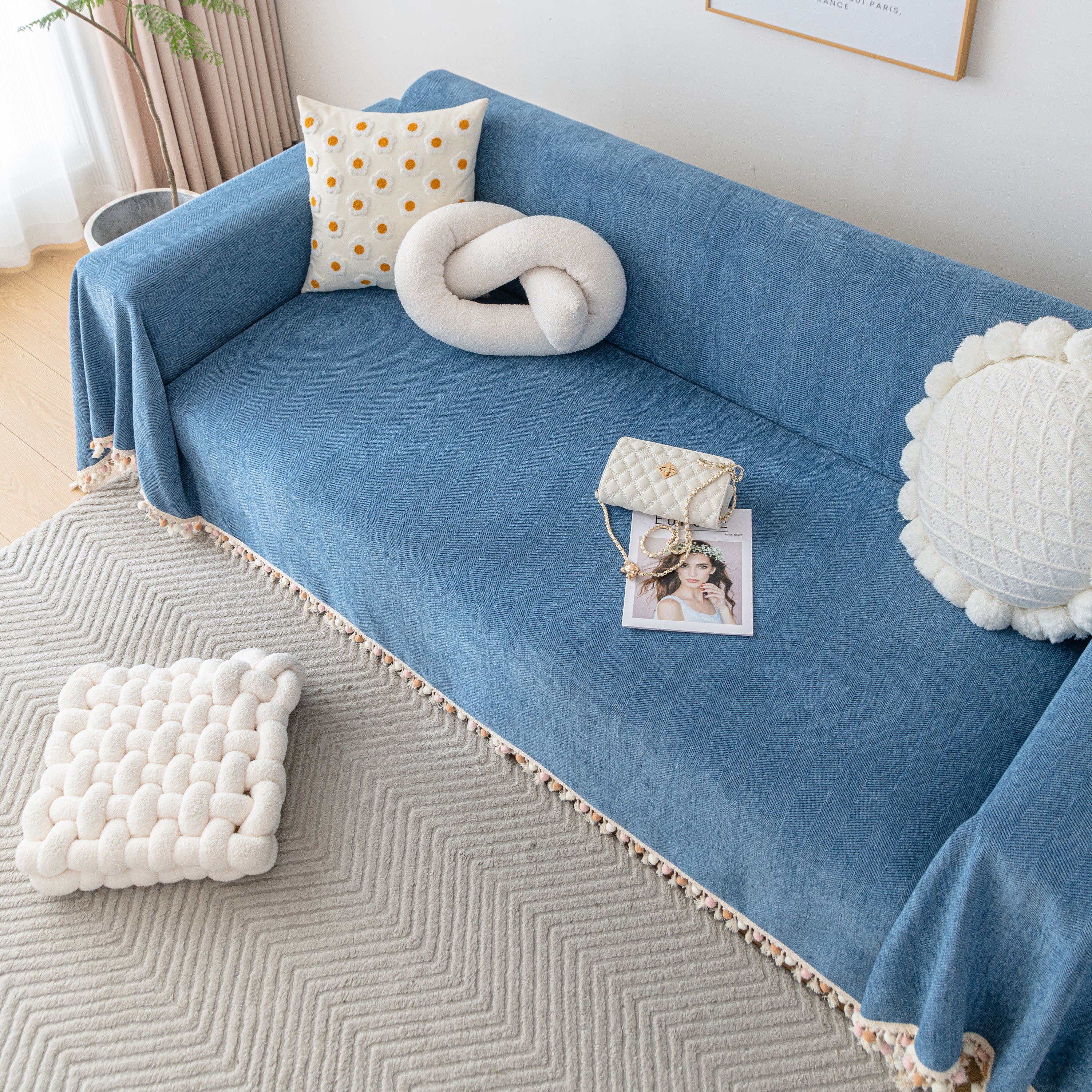 Couch Cover Sectional L Shape Chenille Herringbone Couch Throw Cover with Tassel Pom-Poms for Pets - Image 74