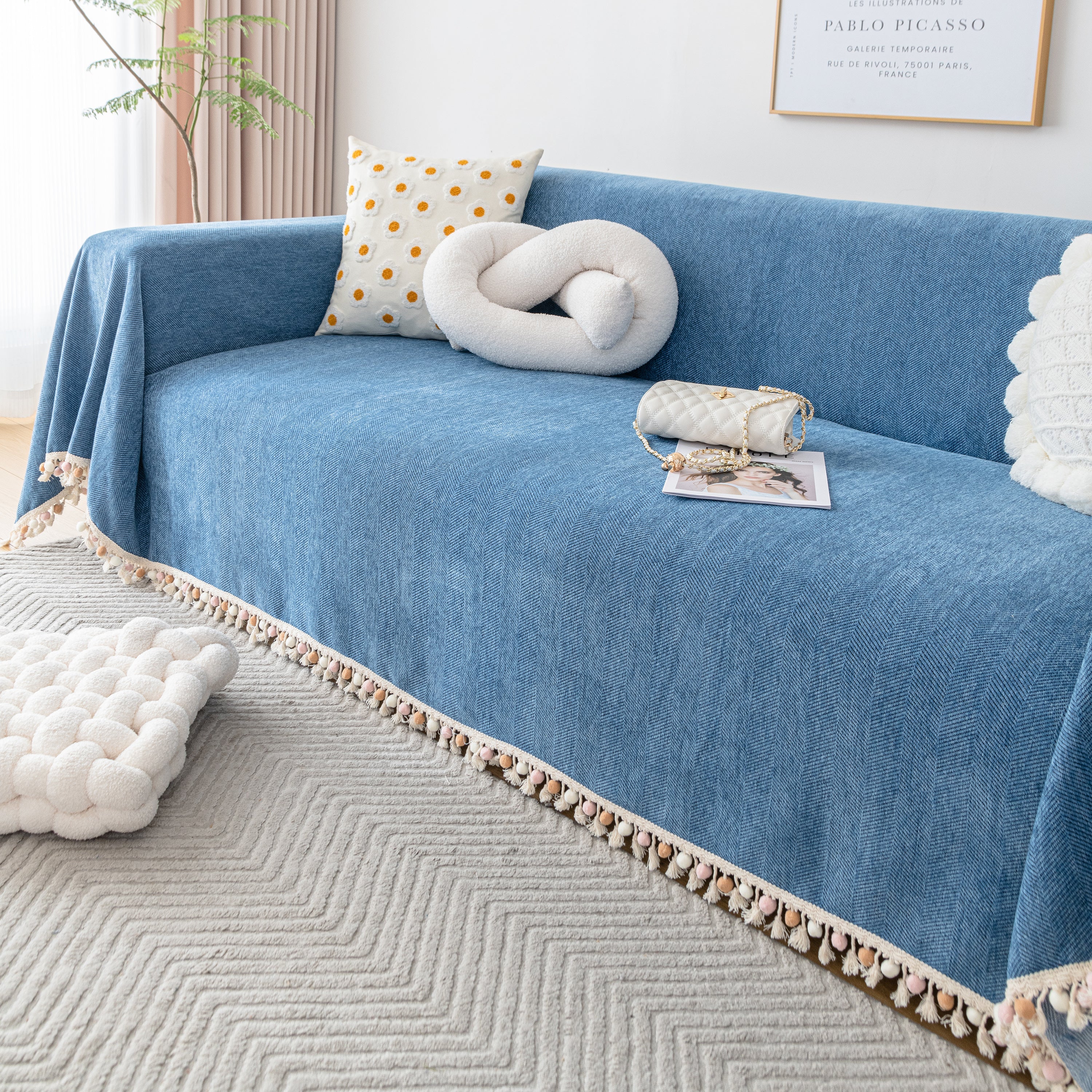 Couch Cover Sectional L Shape Chenille Herringbone Couch Throw Cover with Tassel Pom-Poms for Pets - Image 75