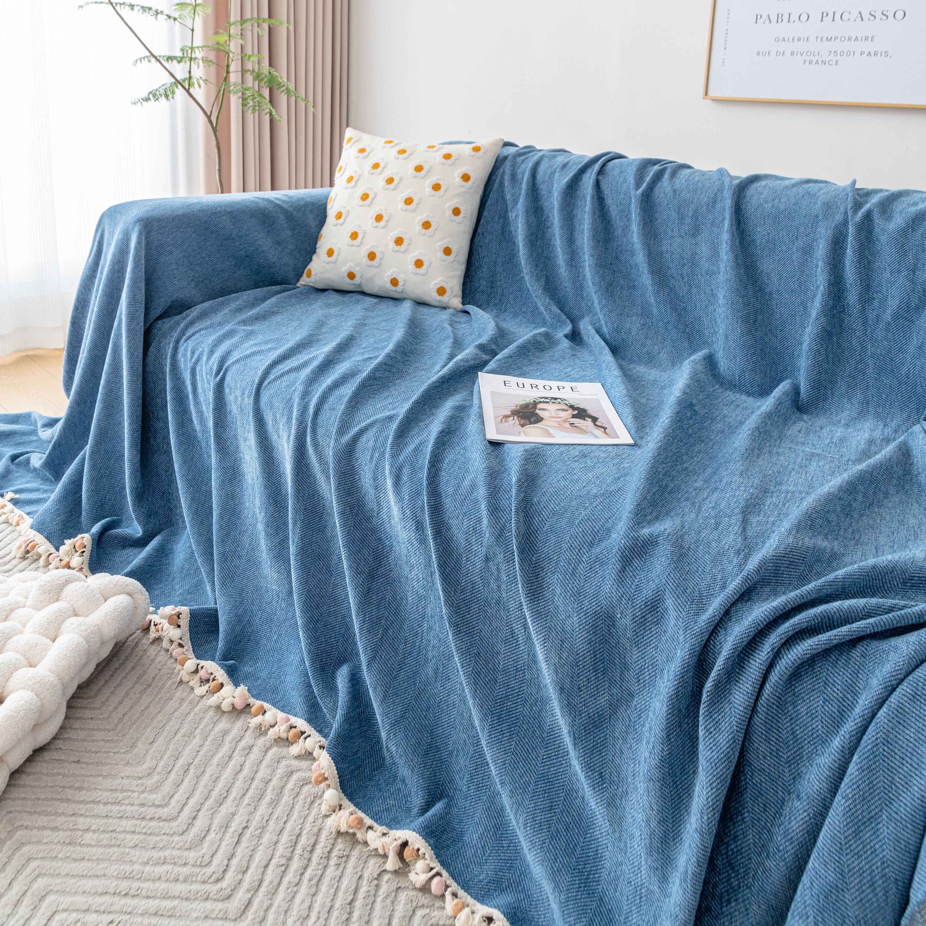Couch Cover Sectional L Shape Chenille Herringbone Couch Throw Cover with Tassel Pom-Poms for Pets - Image 76