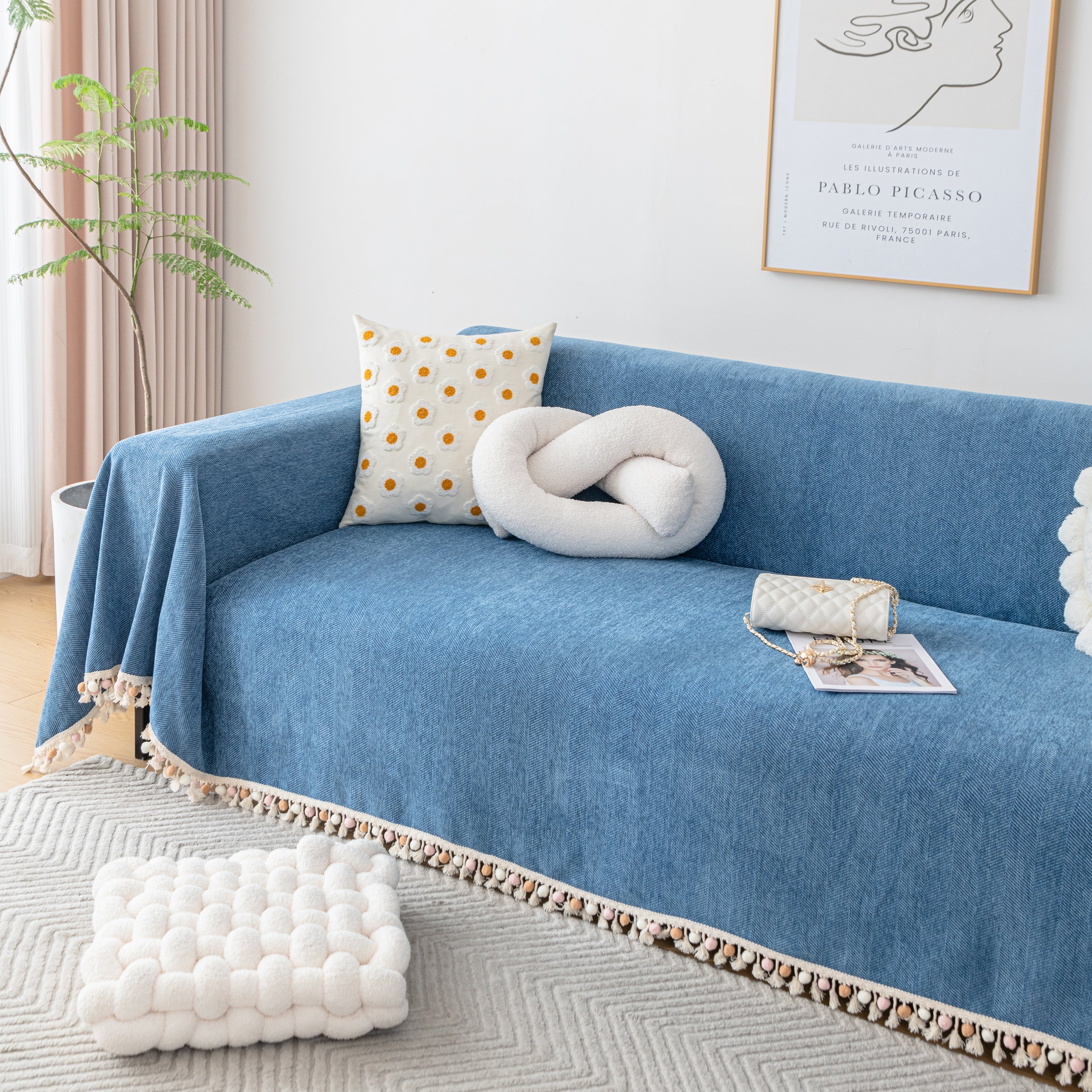 Couch Cover Sectional L Shape Chenille Herringbone Couch Throw Cover with Tassel Pom-Poms for Pets - Image 77