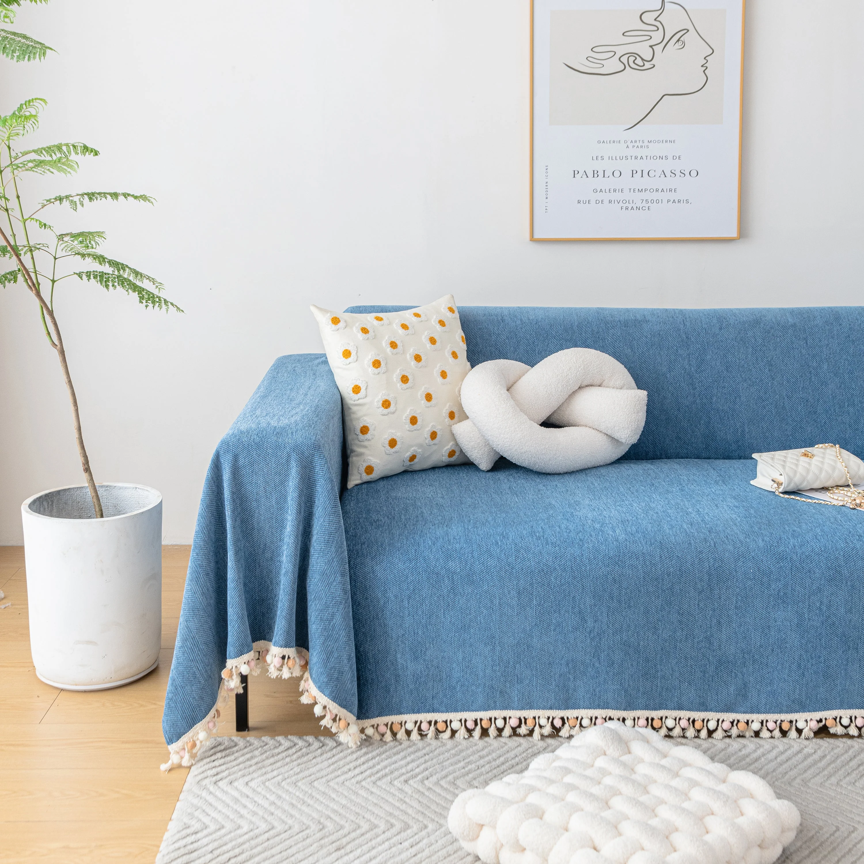 Couch Cover Sectional L Shape Chenille Herringbone Couch Throw Cover with Tassel Pom-Poms for Pets - Image 78