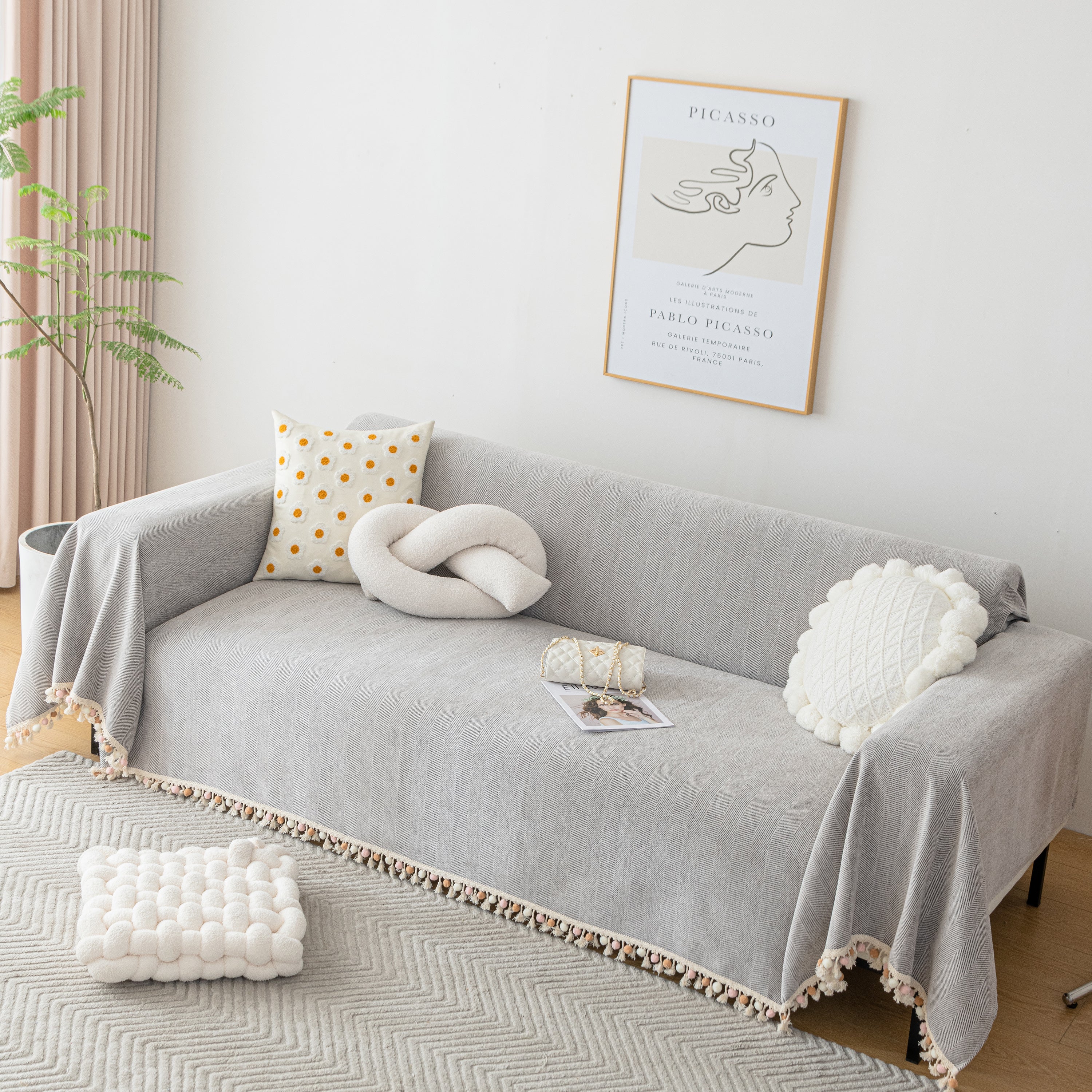 Couch Cover Sectional L Shape Chenille Herringbone Couch Throw Cover with Tassel Pom-Poms for Pets - Image 80