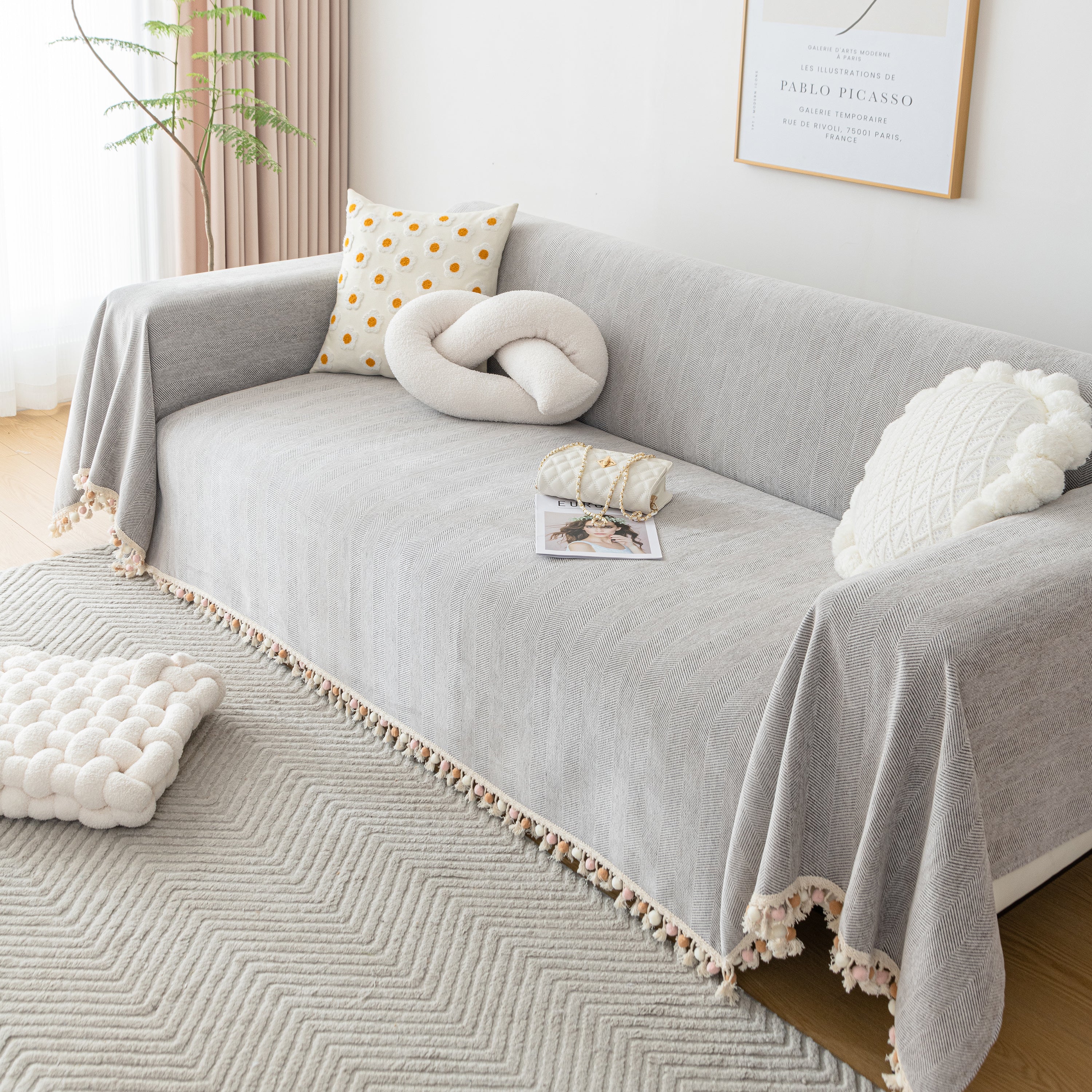 Couch Cover Sectional L Shape Chenille Herringbone Couch Throw Cover with Tassel Pom-Poms for Pets - Image 81