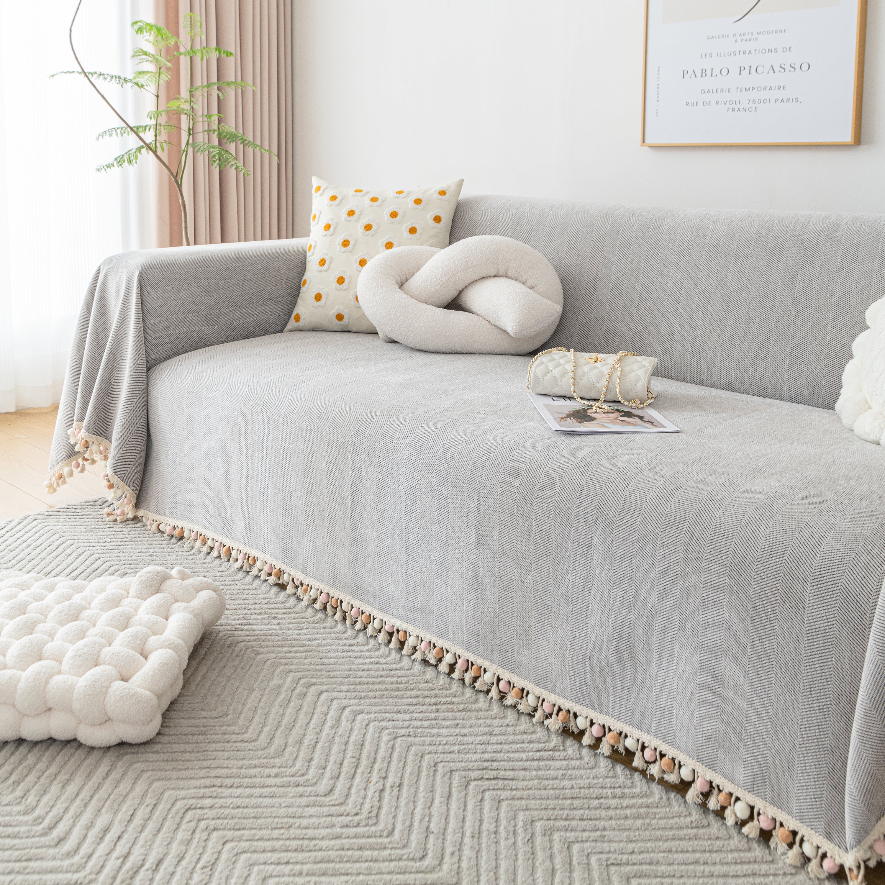 Couch Cover Sectional L Shape Chenille Herringbone Couch Throw Cover with Tassel Pom-Poms for Pets - Image 82