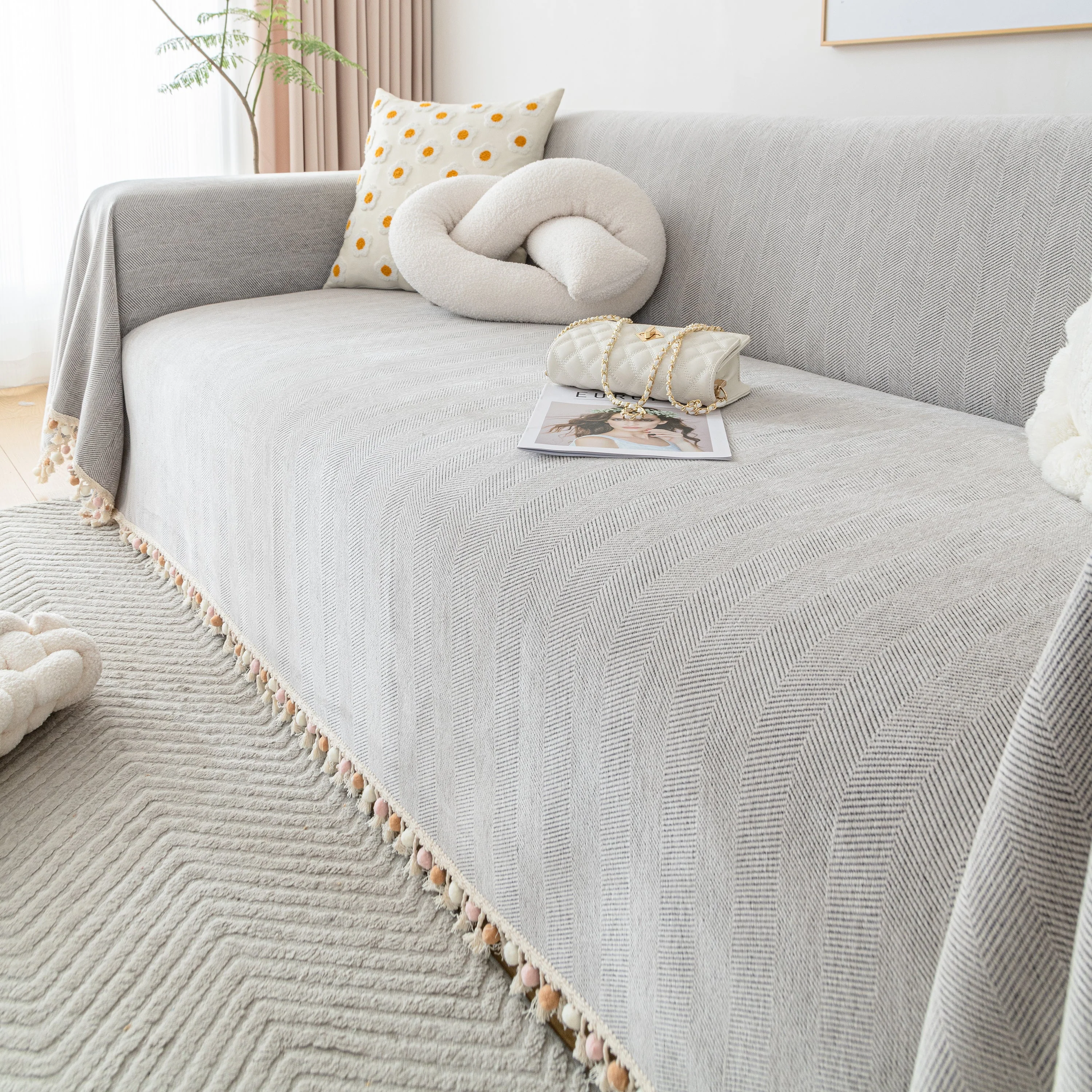 Couch Cover Sectional L Shape Chenille Herringbone Couch Throw Cover with Tassel Pom-Poms for Pets - Image 83