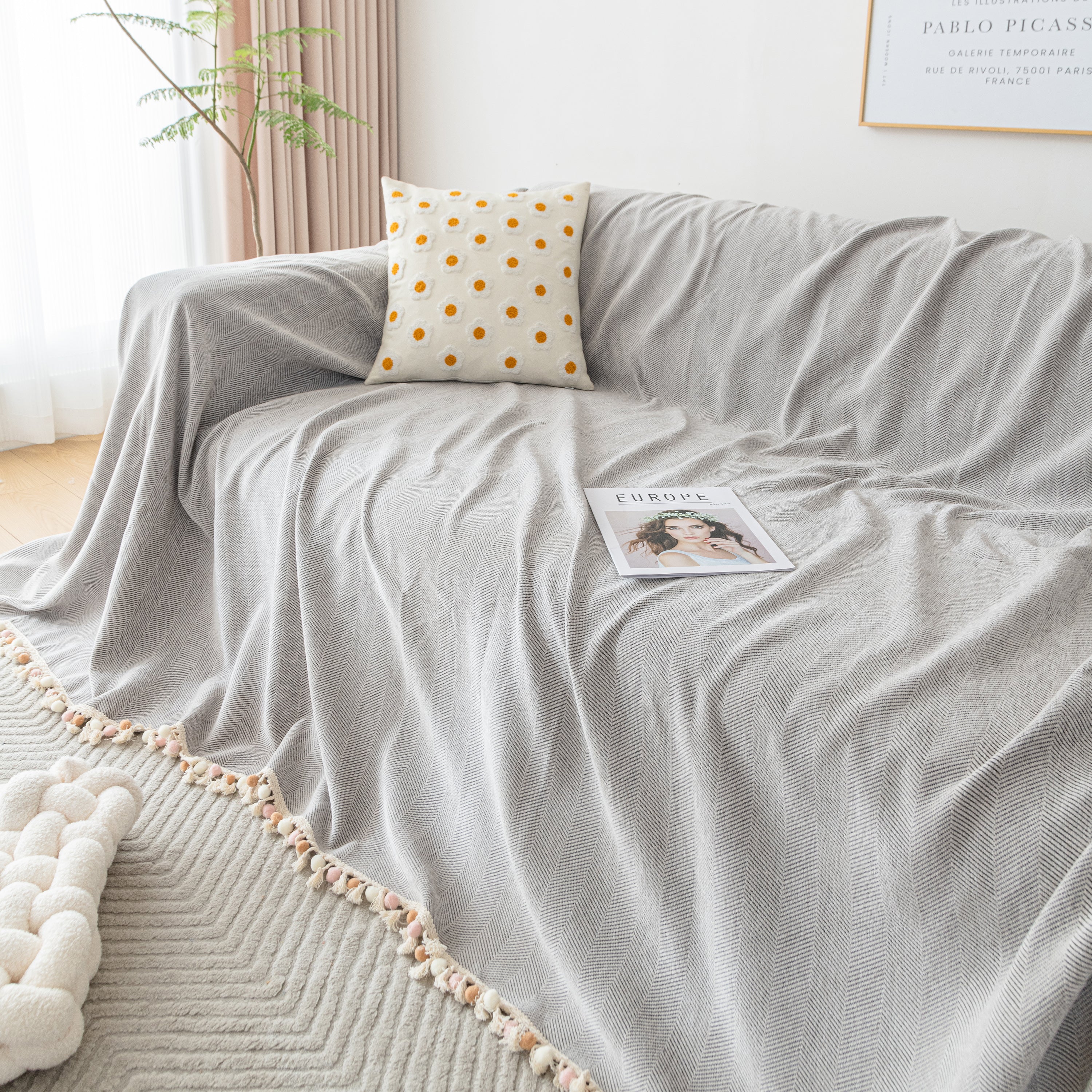Couch Cover Sectional L Shape Chenille Herringbone Couch Throw Cover with Tassel Pom-Poms for Pets - Image 88